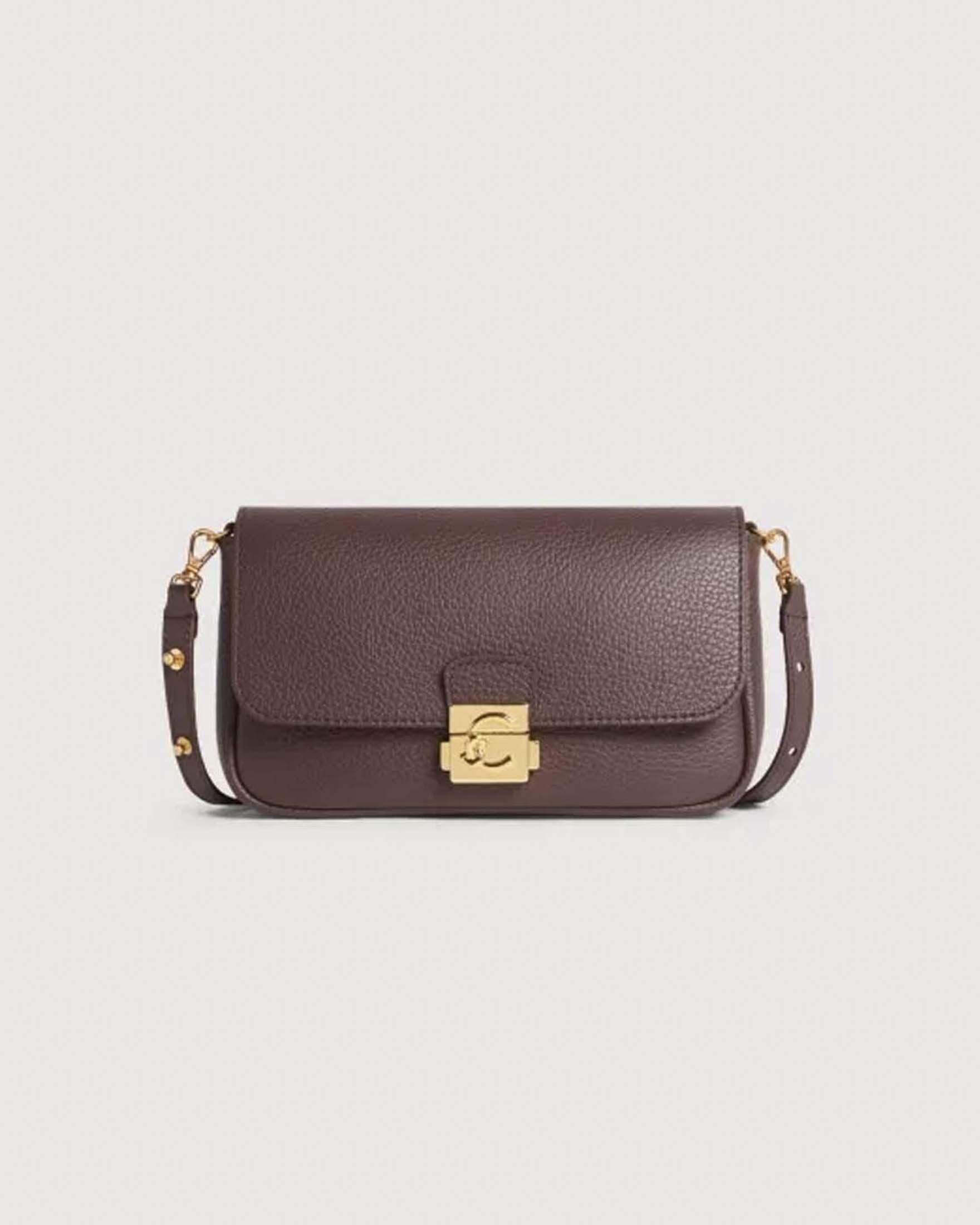 Borsa a tracolla baguette C-Me Lock Mini Coccinelle bordeaux in pelle bottalata con chiusura logo
