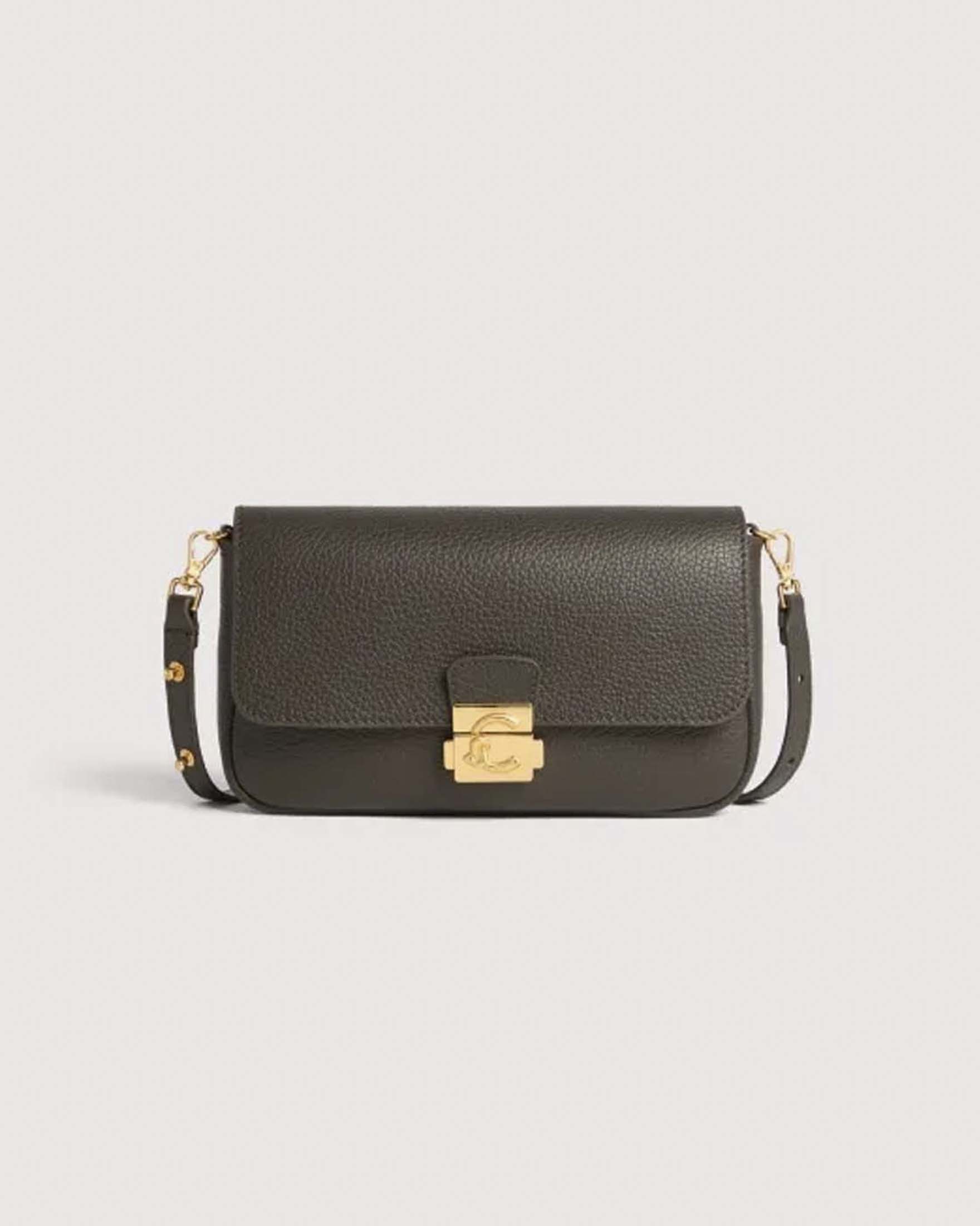 Borsa a tracolla baguette C-Me Lock Mini Coccinelle color fango in pelle bottalata con chiusura logo