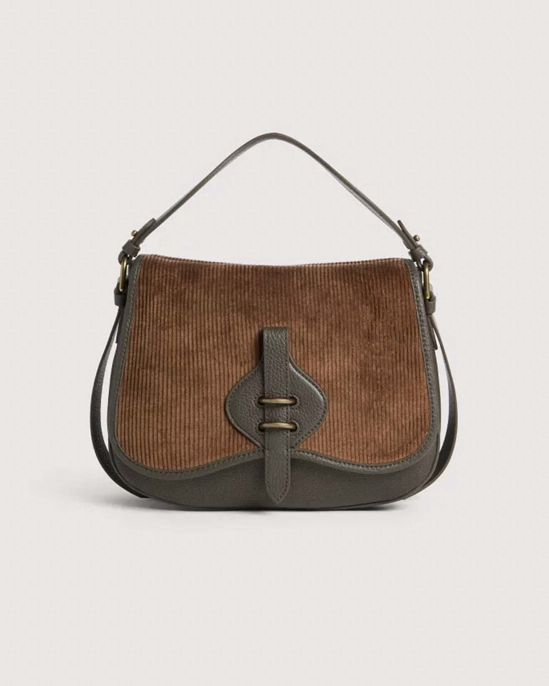 Borsa a mano Mavery Medium Coccinelle bimateriale in pelle color fango  e tessuto a coste cuoio
