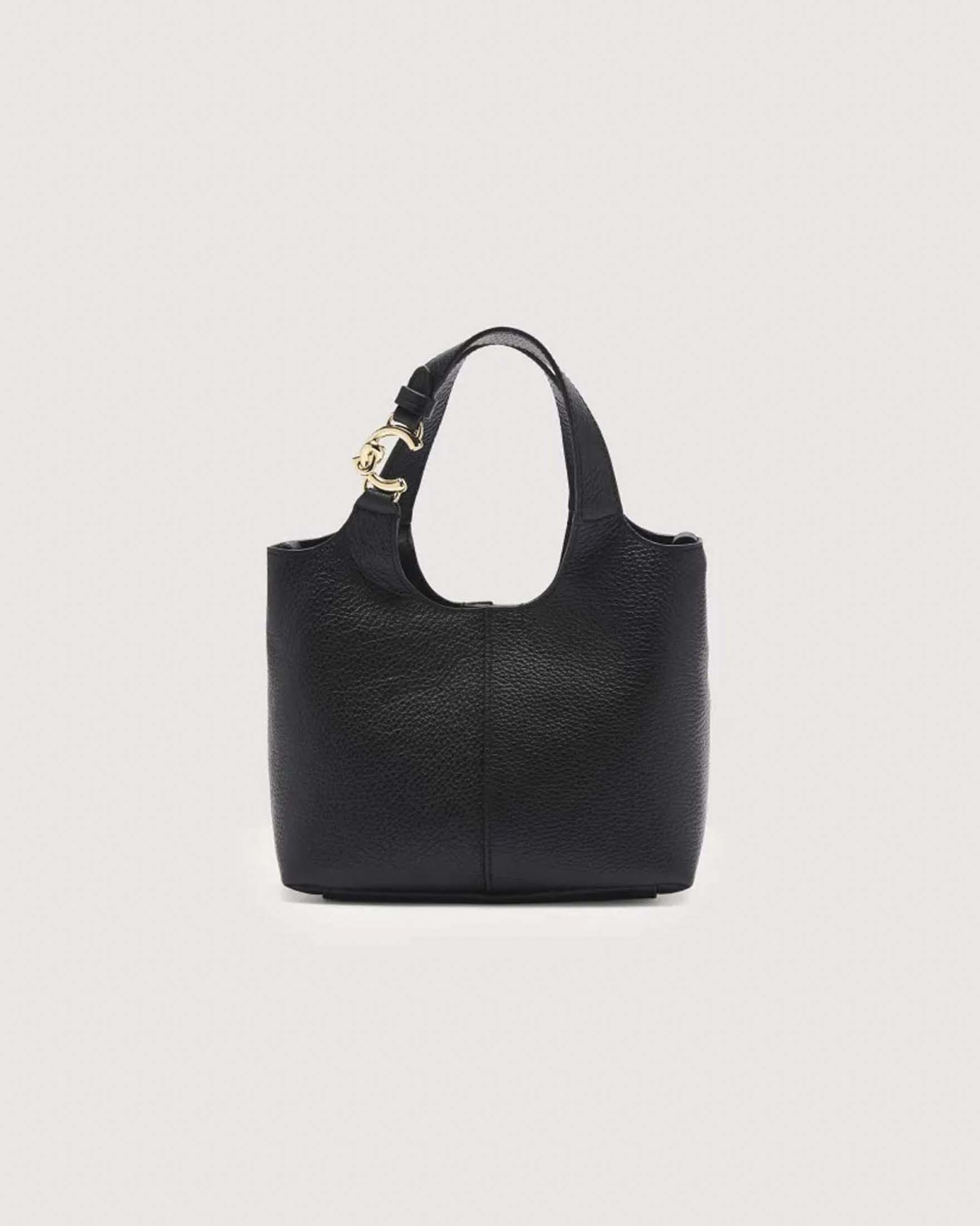 Borsa a mano a secchiello C-Easy Small Coccinelle nera in pelle bottalata con logo argento sul manico