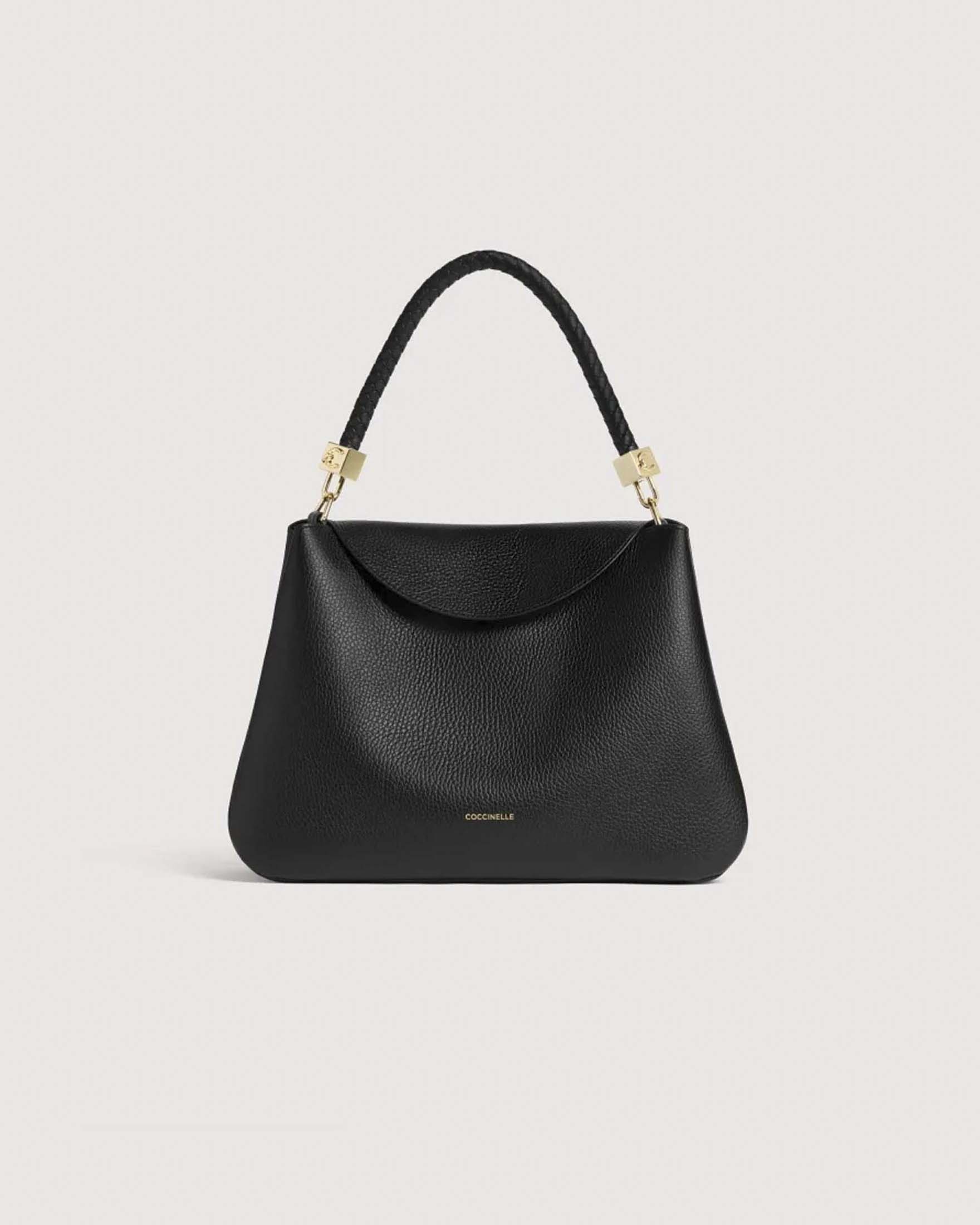 Borsa a spalla Tiggy Medium Coccinelle nera in pelle bottalata con manico intrecciato