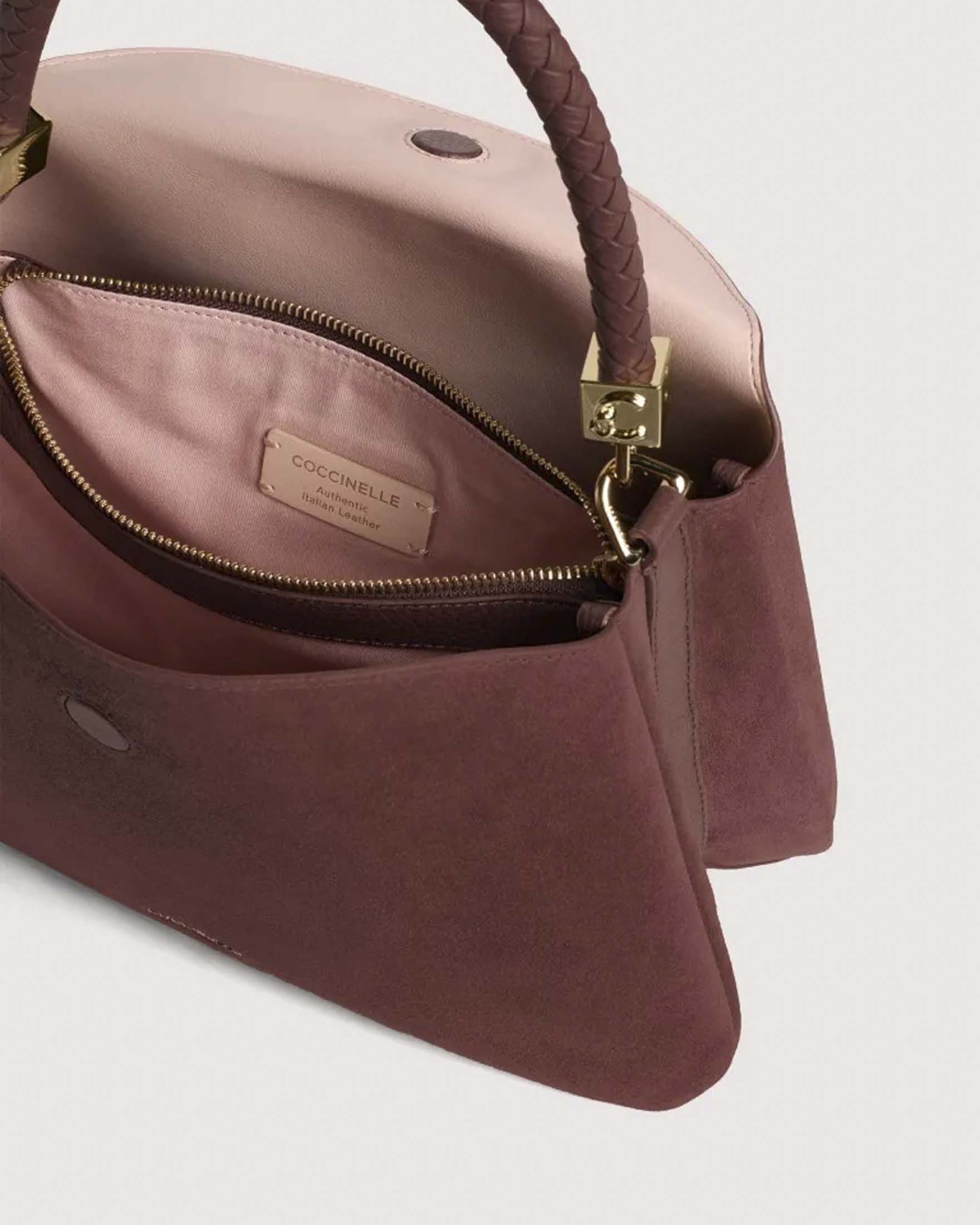 Borsa a spalla Tiggy Small Coccinelle bordeaux in suede con manico intrecciato image