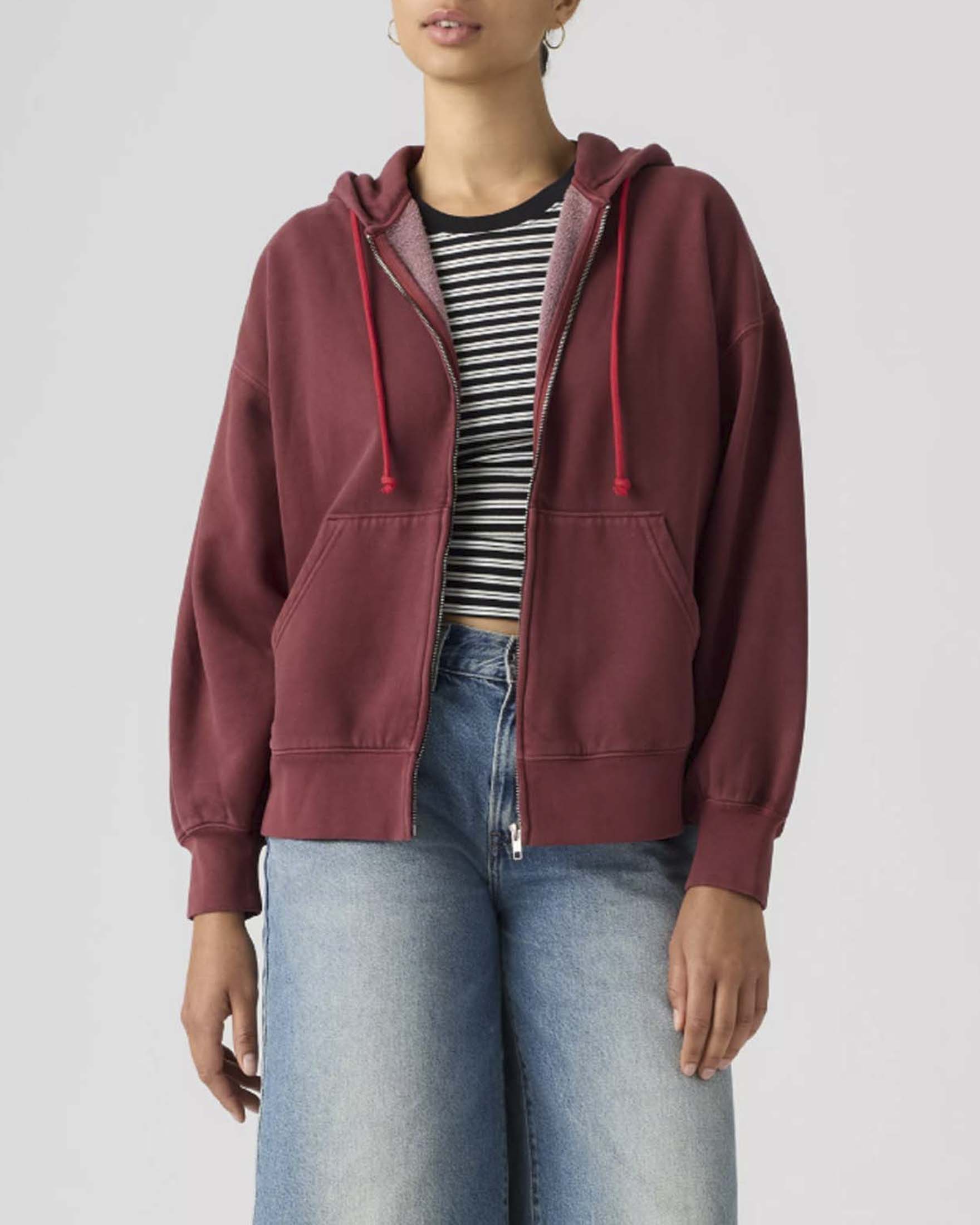 Felpa con cappuccio e zip Vintage Oversized Levi's bordeaux in cotone garzato grunge wash