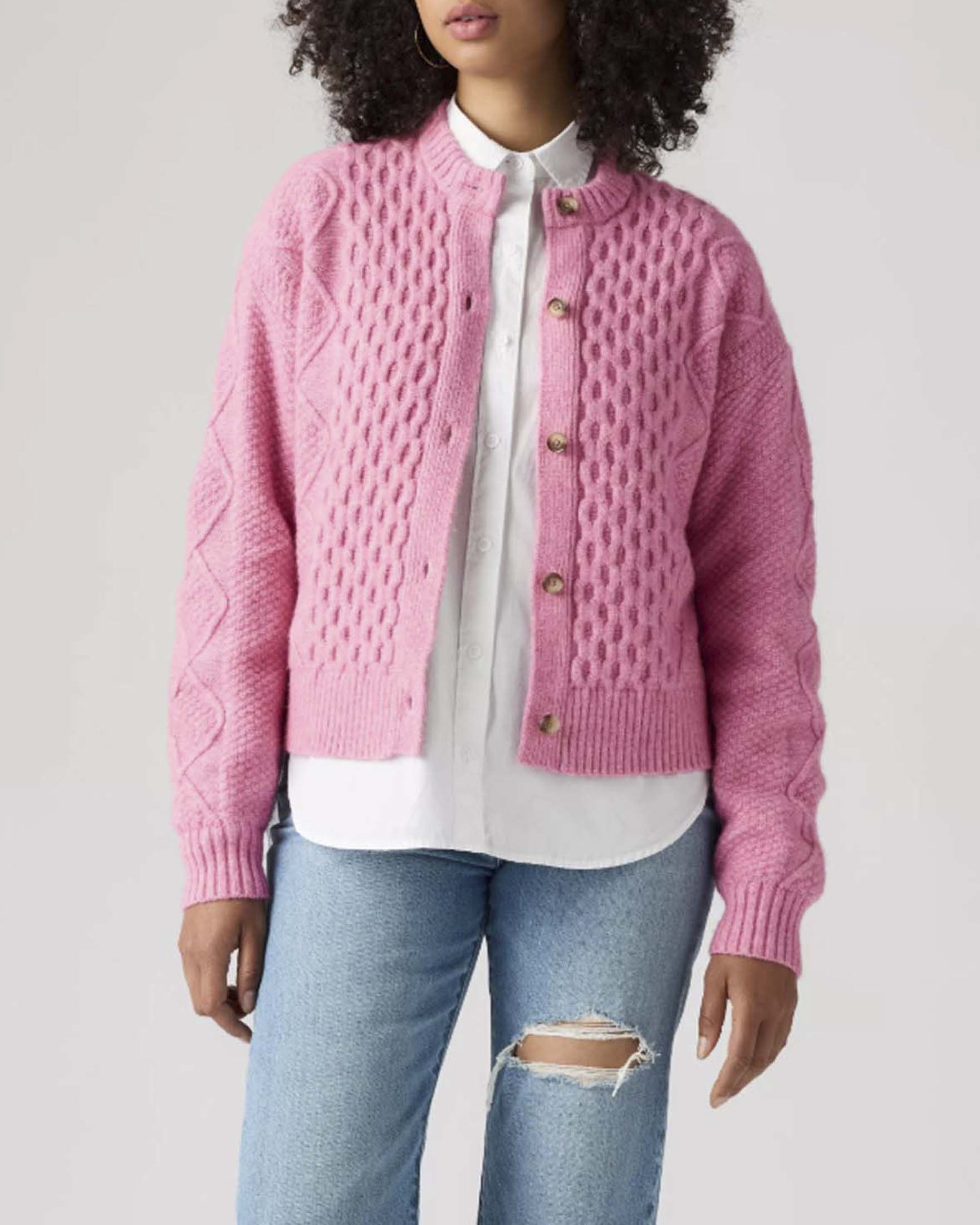 Cardigan Charlotte Levi's rosa in maglia a trecce misto lana con scollo a giro