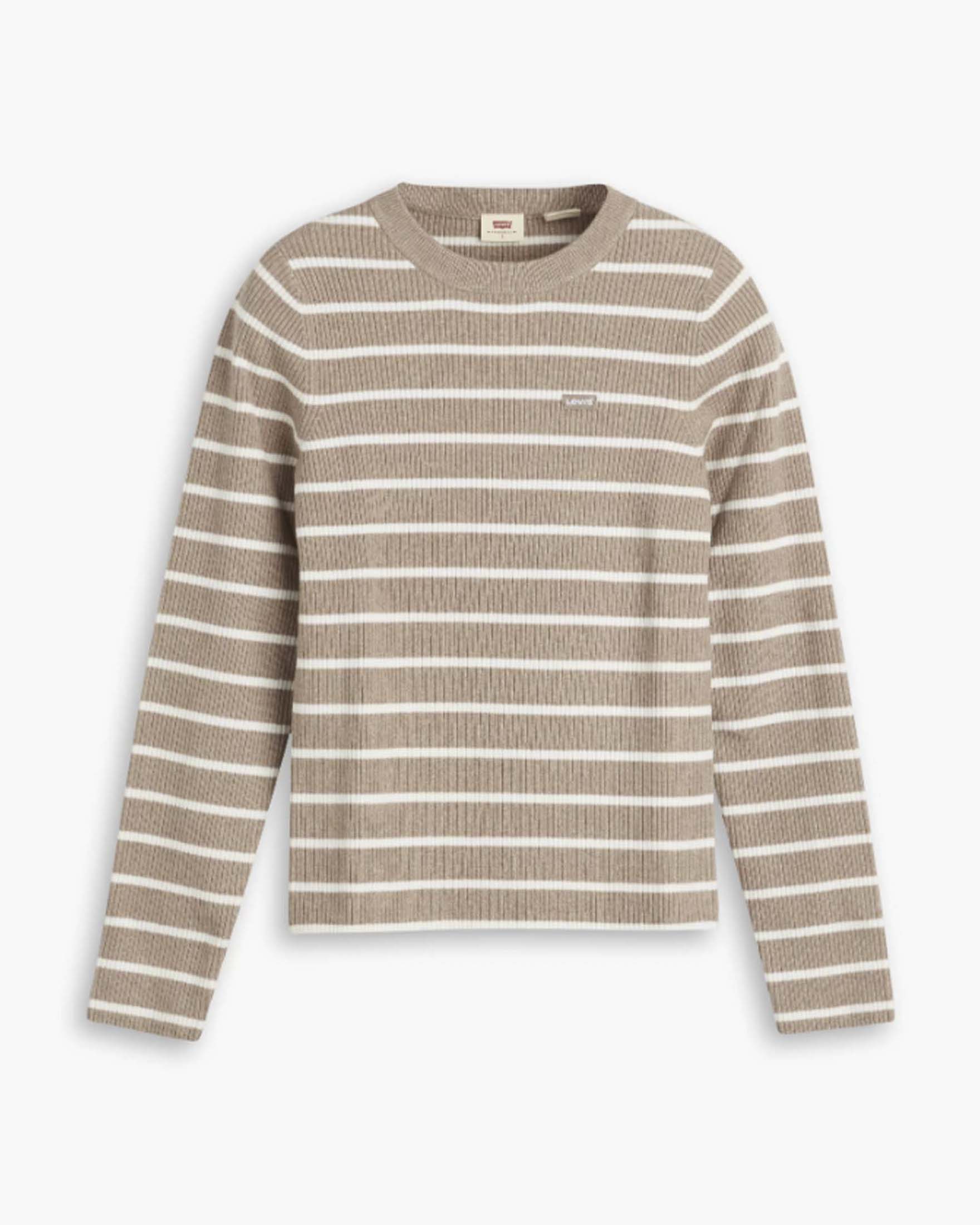 Maglione girocollo Levi's nocciola a righe bianche in cotone a coste con patch logo