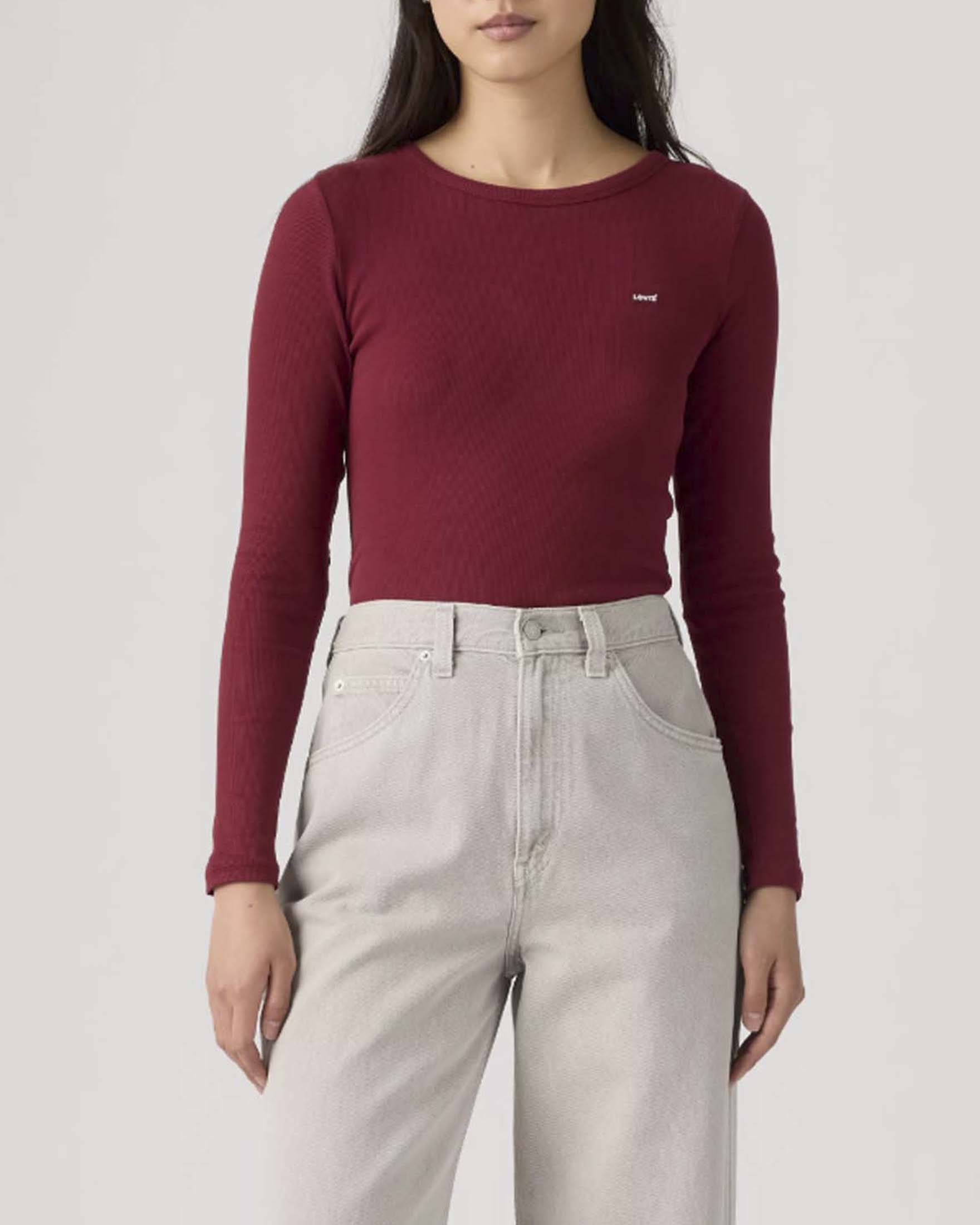T-shirt slim a maniche lunghe Hayes Levi's bordeaux in cotone stretch a coste con logo Red Tab ricamato