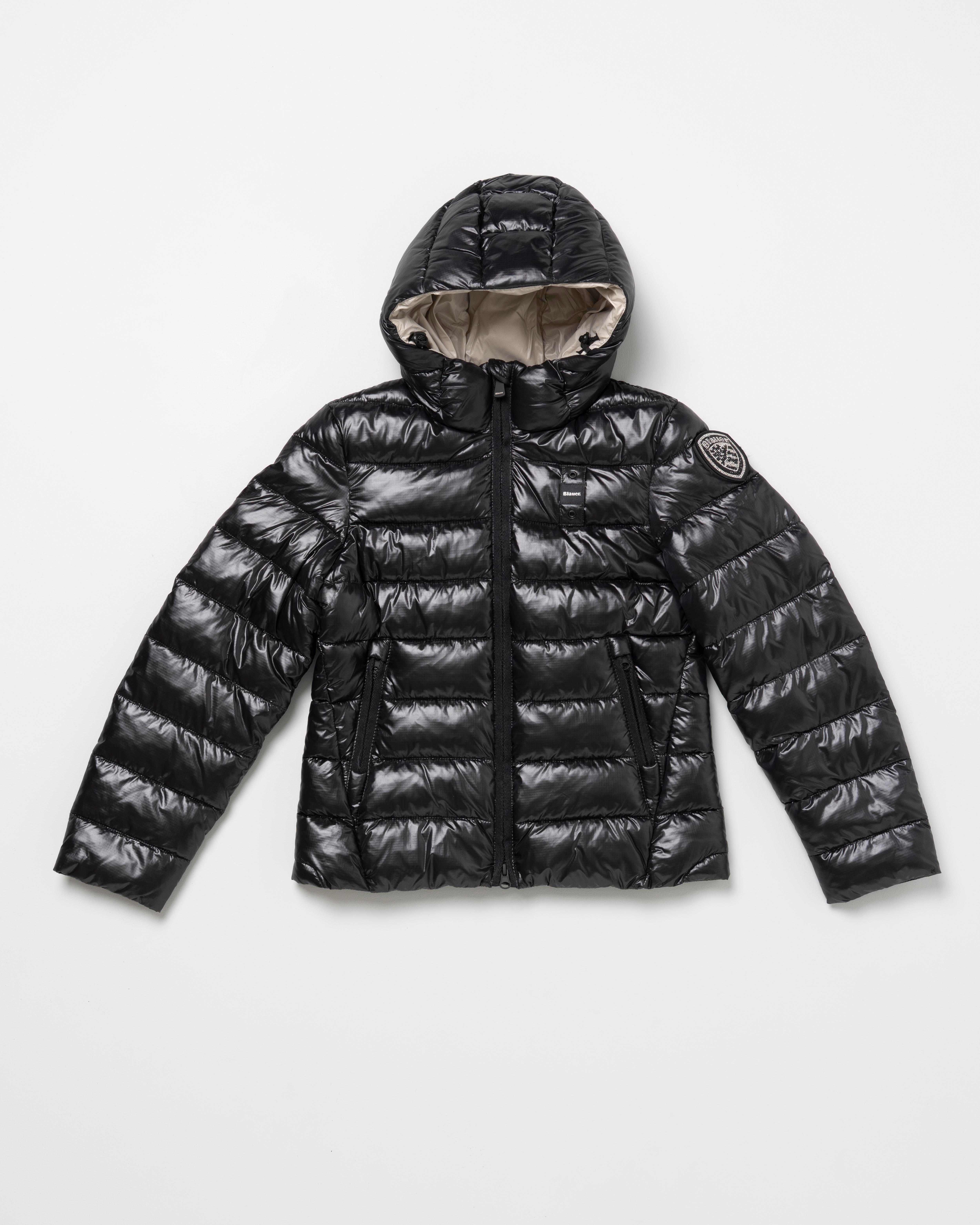 Piumino Blauer Caroll nero e beige in nylon trapuntato con cappuccio e scudetto in strass