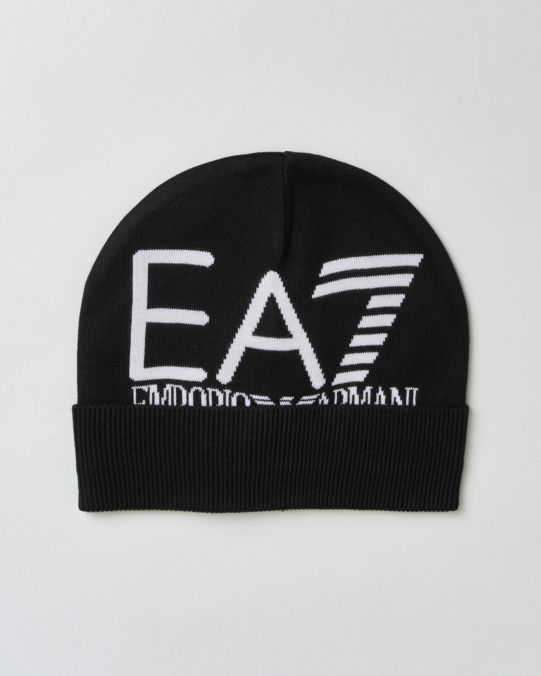 Cuffia nera EA7 con maxi logo bianco