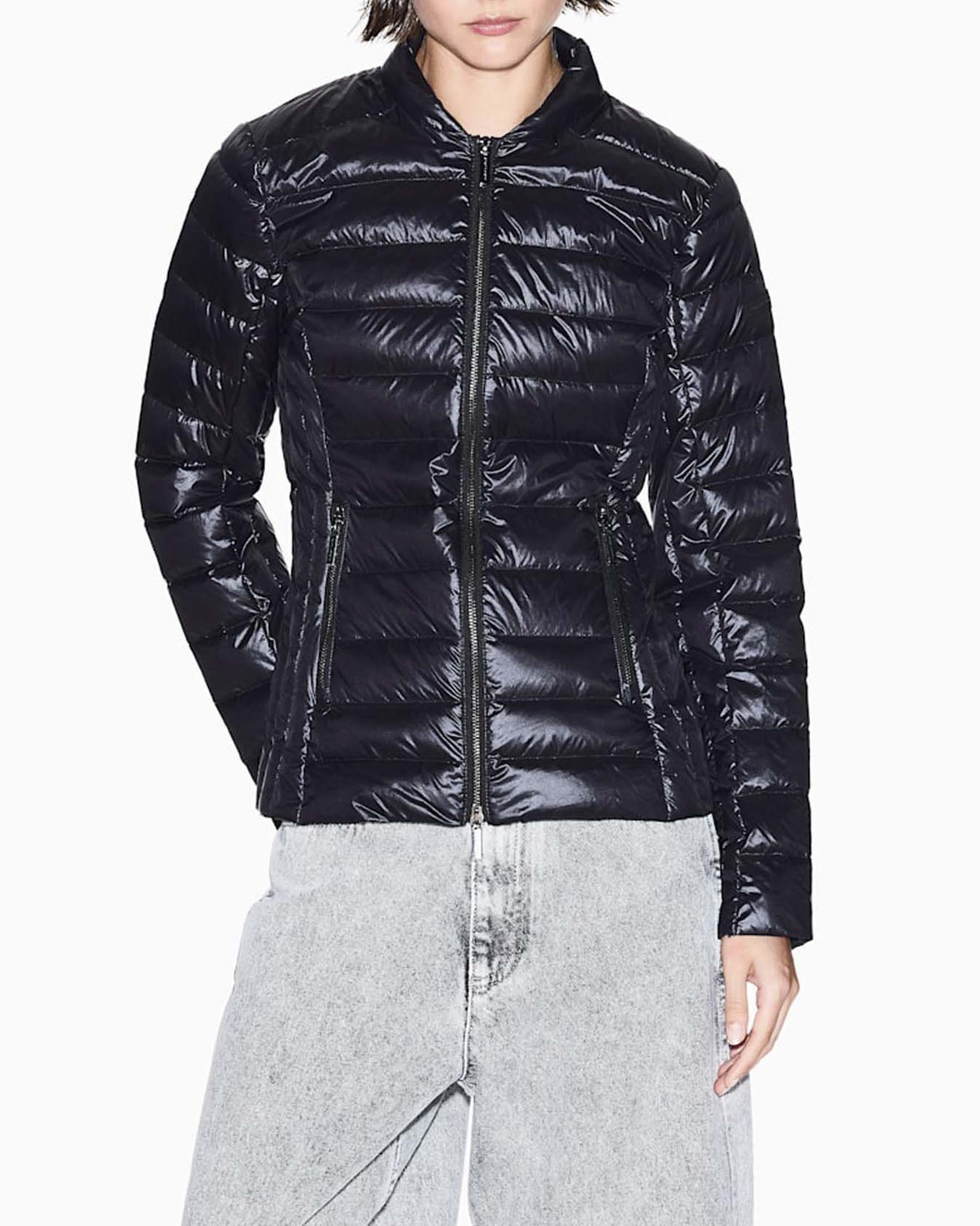 Piumino slim trapuntato Armani Exchange nero con cappuccio staccabile e collo alto