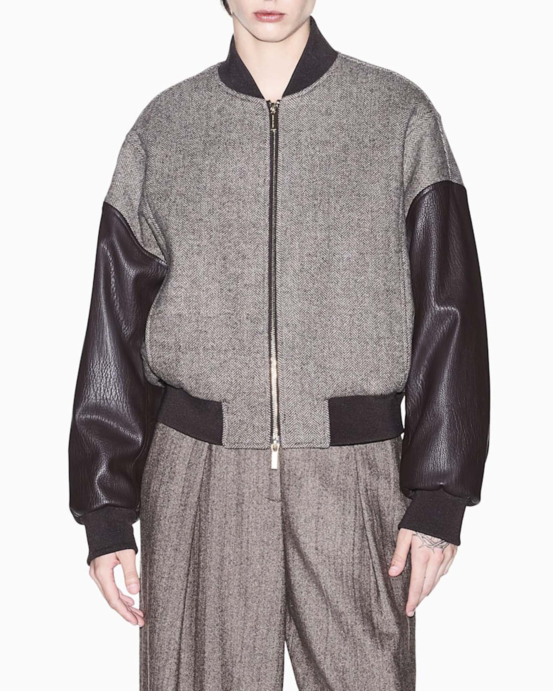 Bomber Armani Exchange marrone in misto lana spinato con maniche effetto spalmato