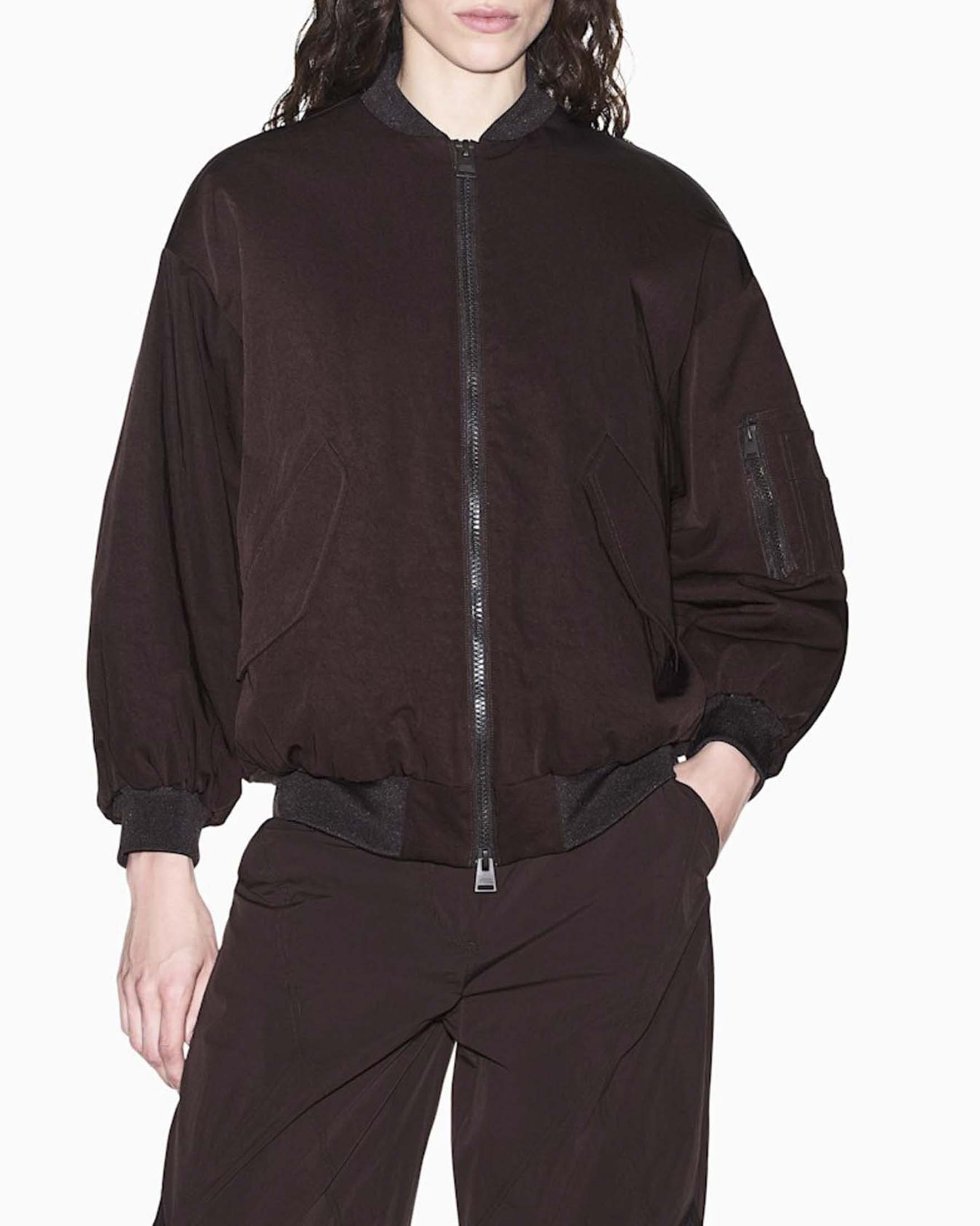 Bomber over Armani Exchange marrone in nylon twill con maxi scritta in rilievo e tasche laterali
