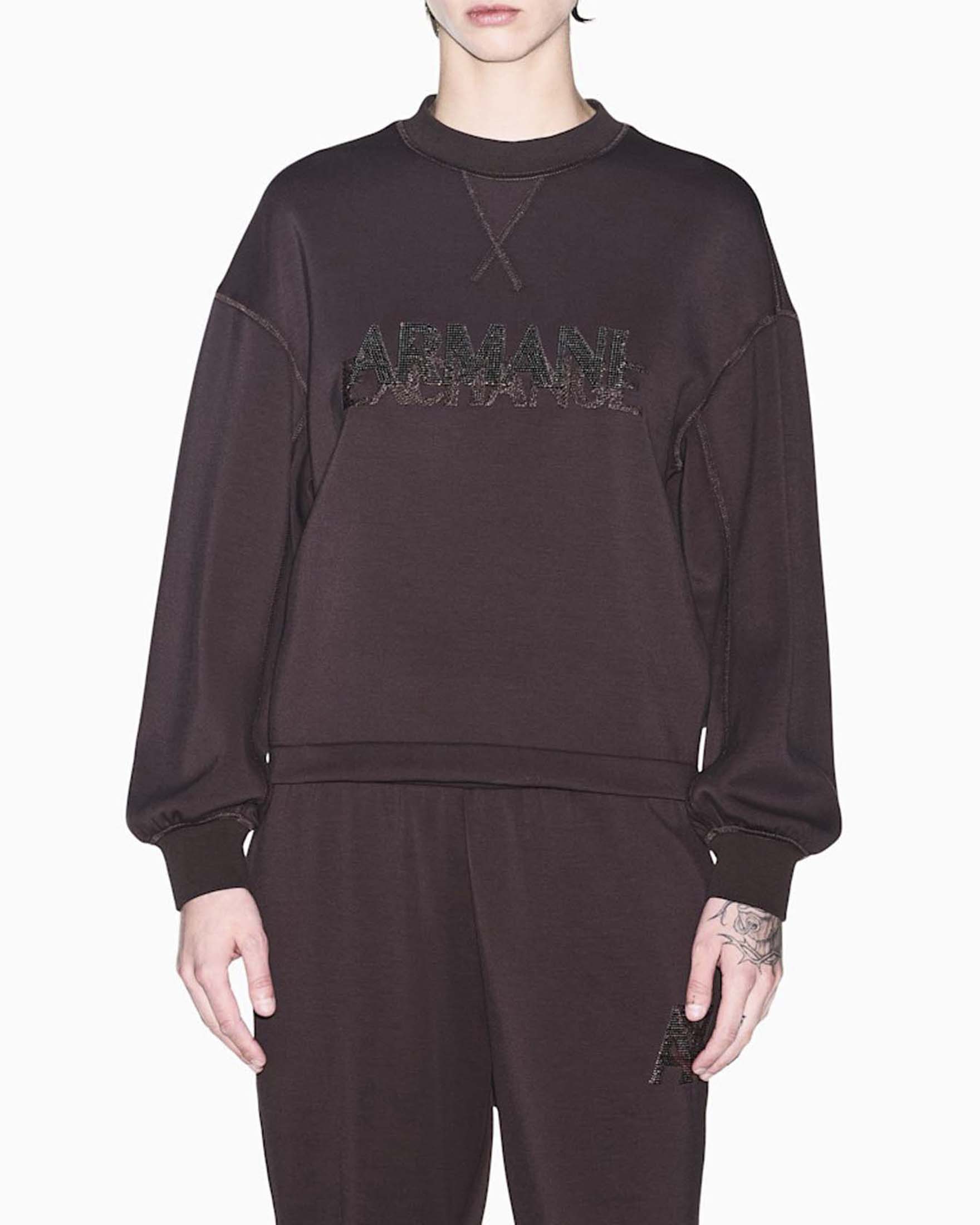Felpa girocollo Armani Exchange marrone in tessuto scuba stretch con scritta logo in paillettes