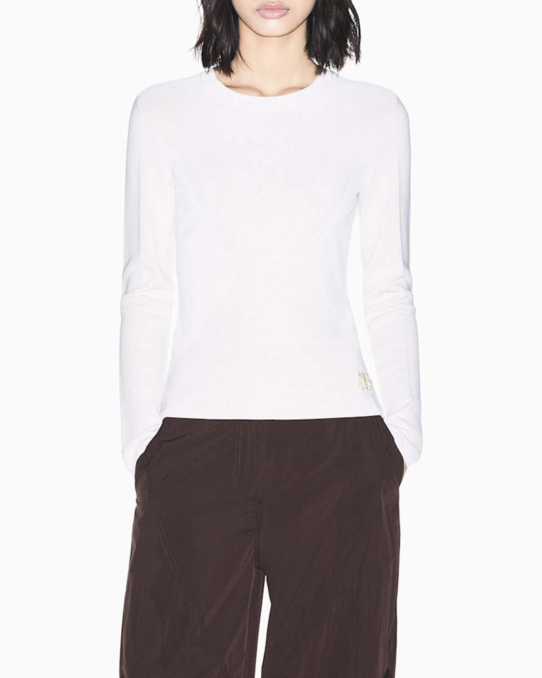Pullover girocollo Armani Exchange color gesso in viscosa riciclata con logo ricamato sul bordo
