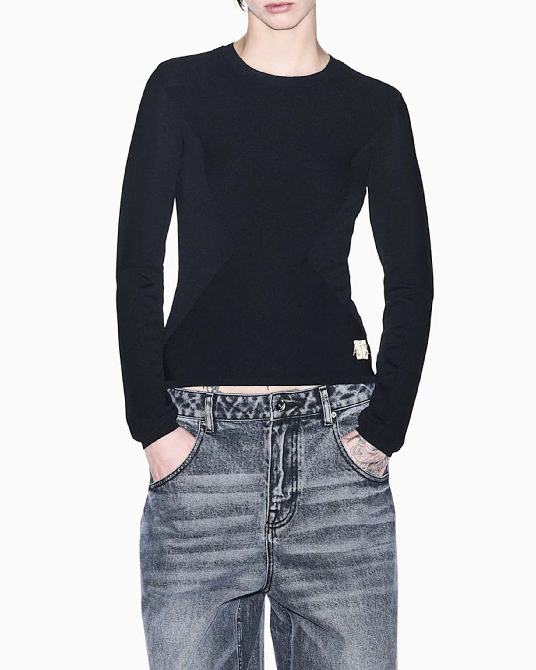 Pullover girocollo Armani Exchange nero in viscosa riciclata con logo ricamato sul bordo