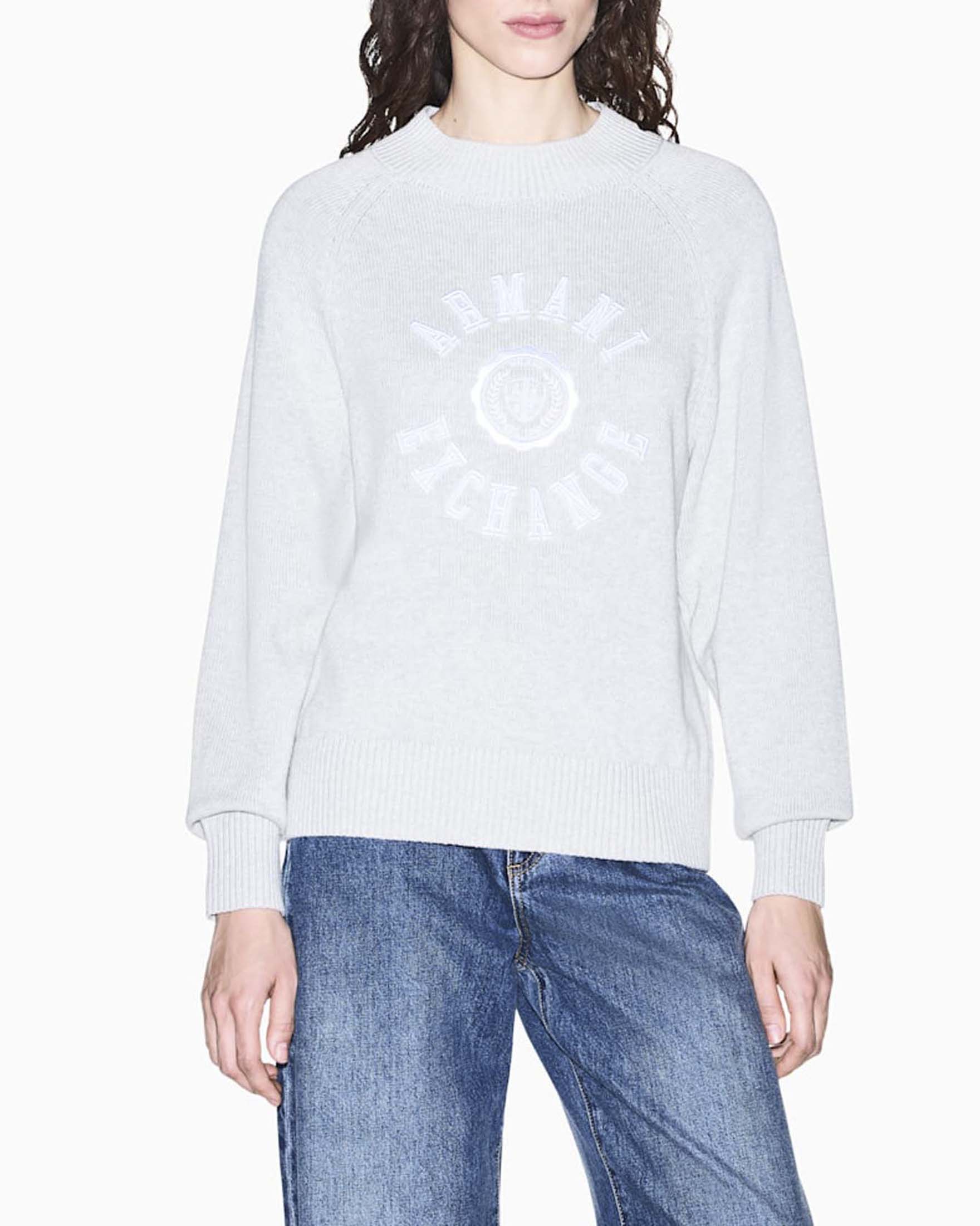 Maglione girocollo Armani Exchange grigio in cotone con logo ricamato