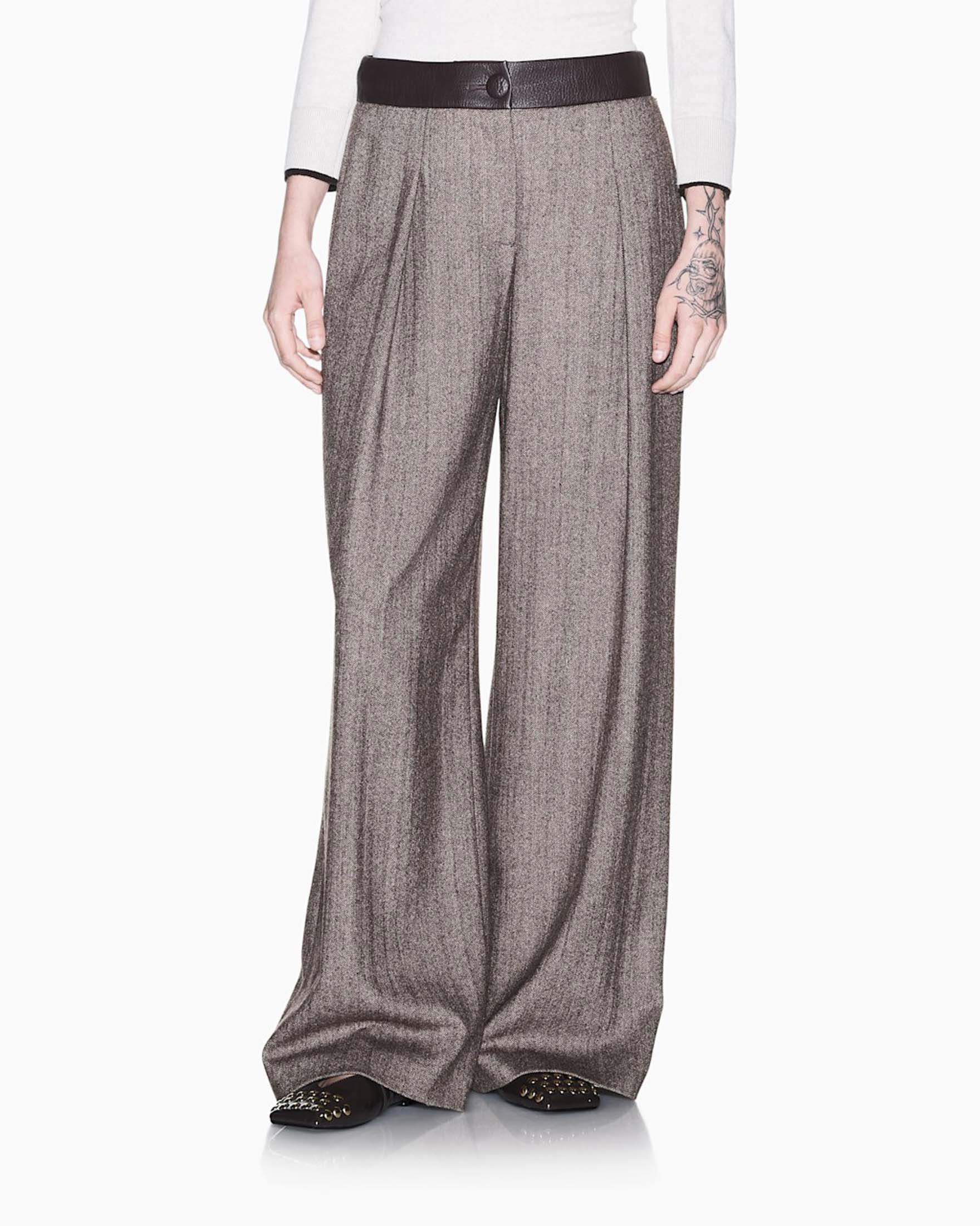 Pantaloni wide leg Armani Exchange marroni in misto lana seta spinato e fascia a contrasto in vita image