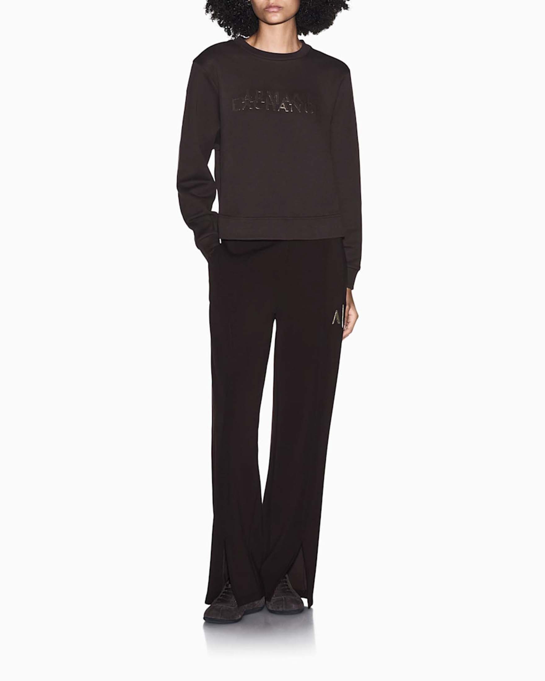 Pantaloni a palazzo Armani Exchange marroni in jersey scuba stretch con spacchi