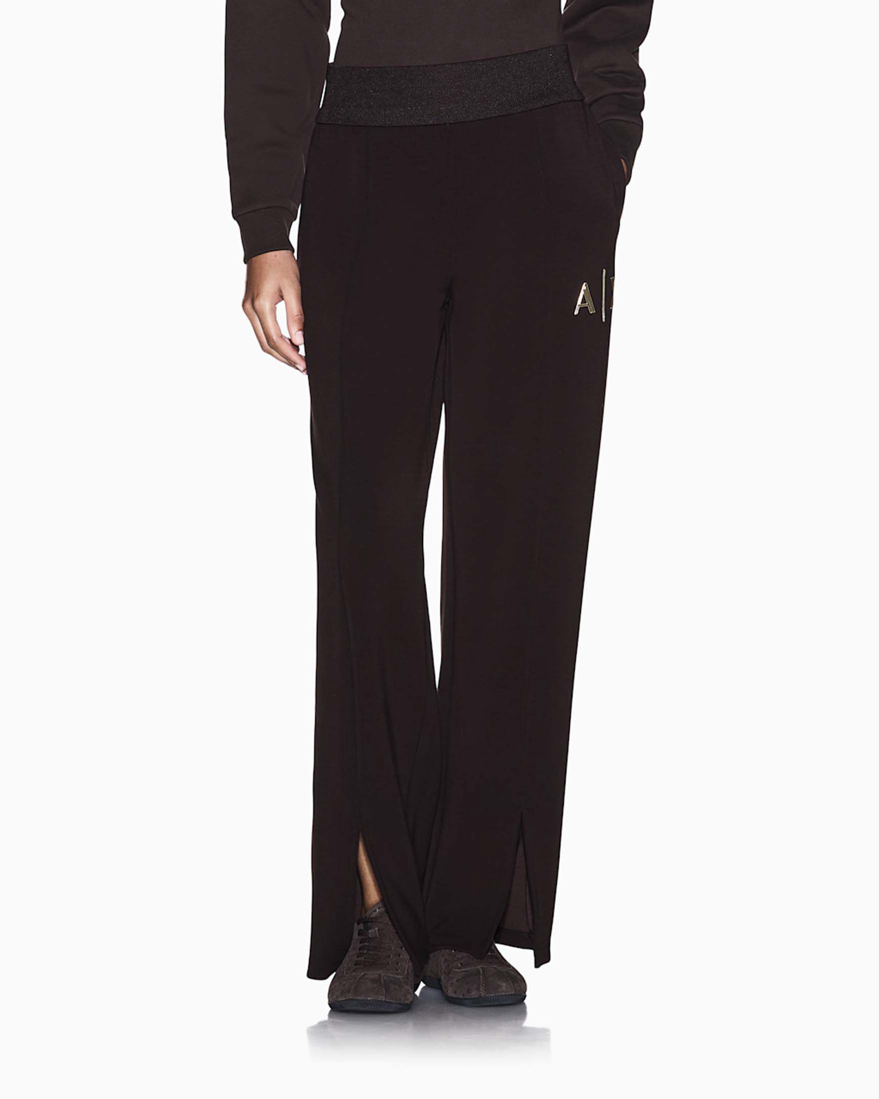 Pantaloni a palazzo Armani Exchange marroni in jersey scuba stretch con spacchi image