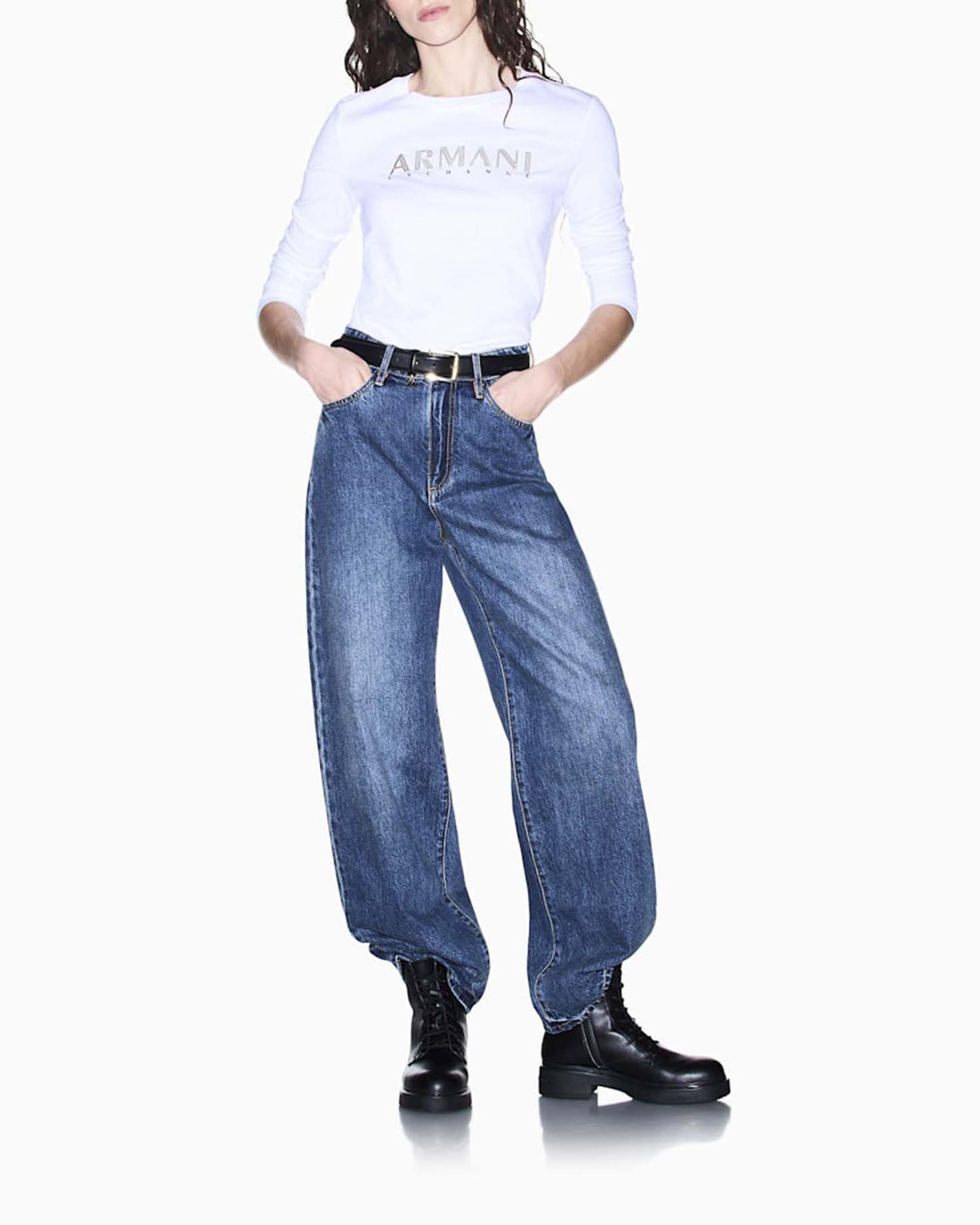 Jeans wide leg over Armani Exchange in denim rigido a vita alta lavaggio stonewash