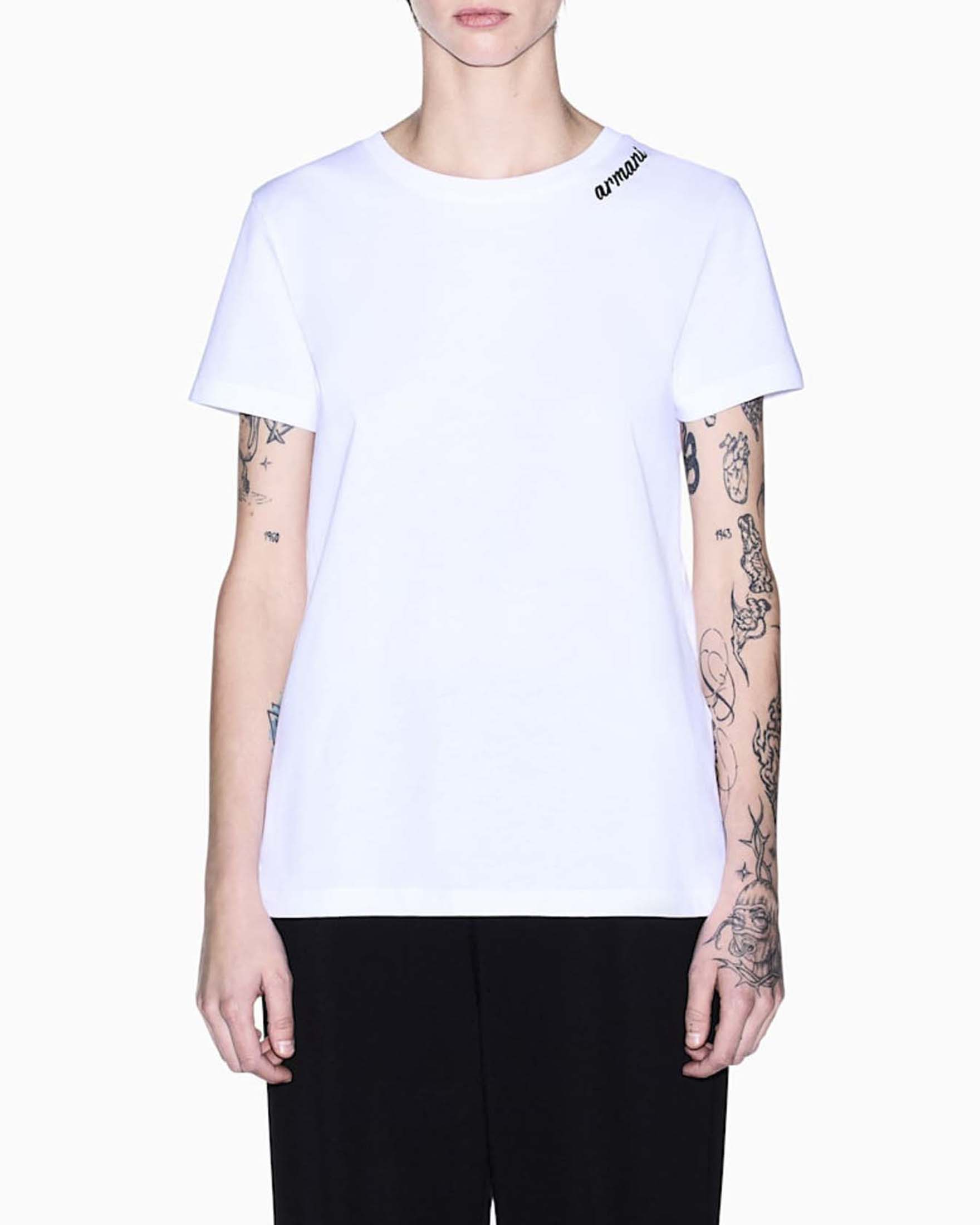 T-shirt regular Armani Exchange bianca in jersey di cotone con logo ricamato a contrasto sullo scollo