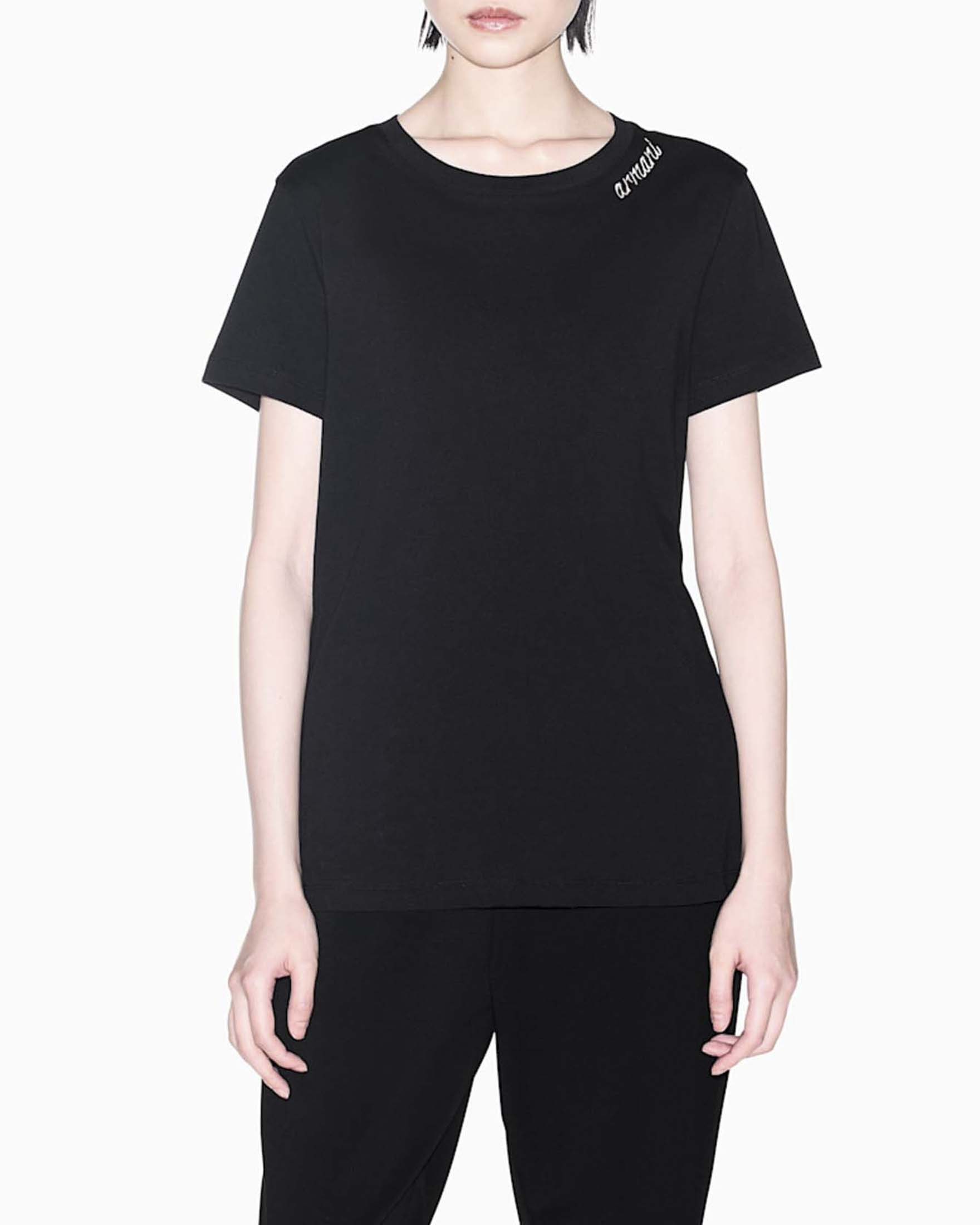 T-shirt regular Armani Exchange nera in jersey di cotone con logo ricamato a contrasto sullo scollo