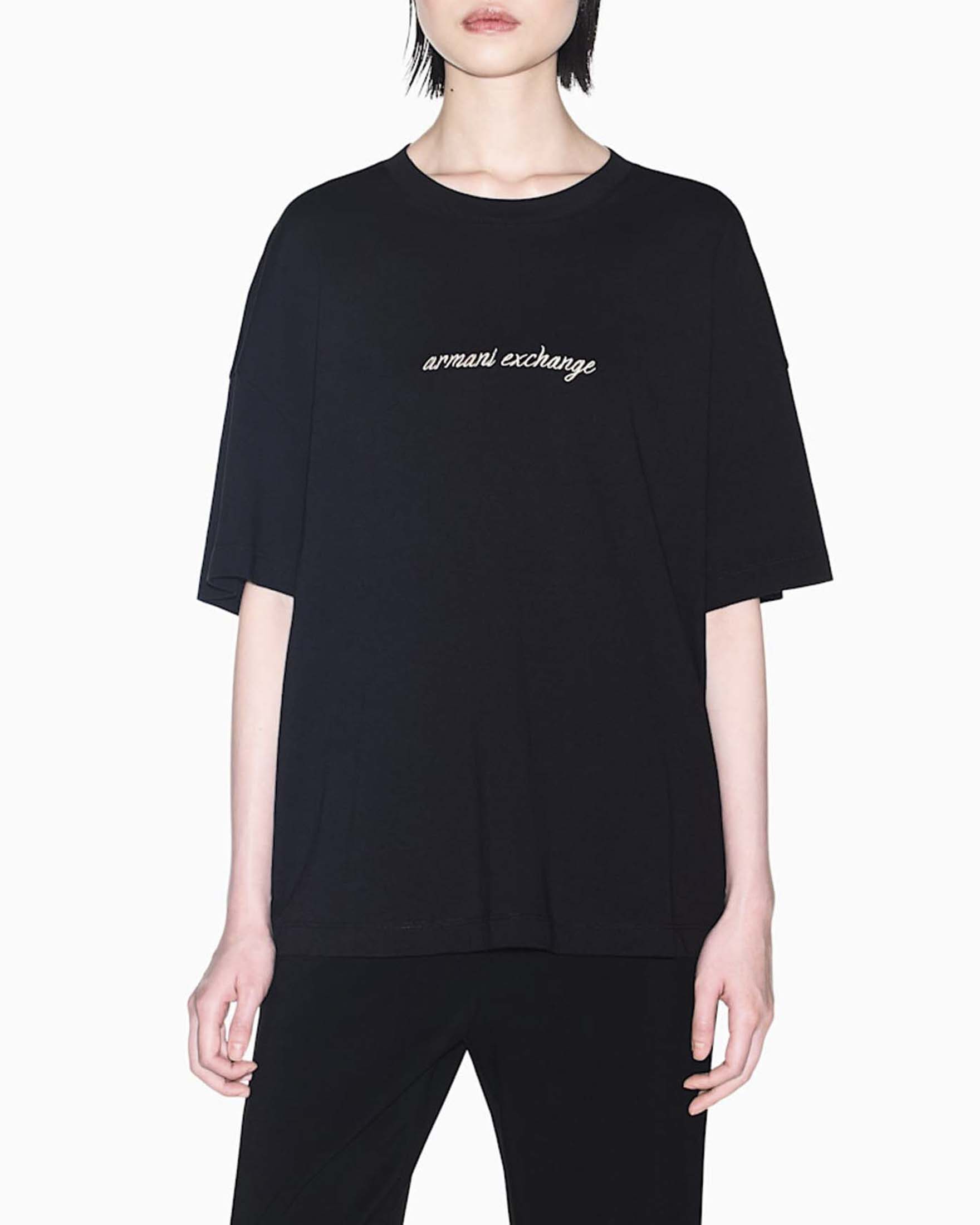 T-shirt boxy Armani Exchange nera in jersey compatto di cotone con scritta logo a contrasto