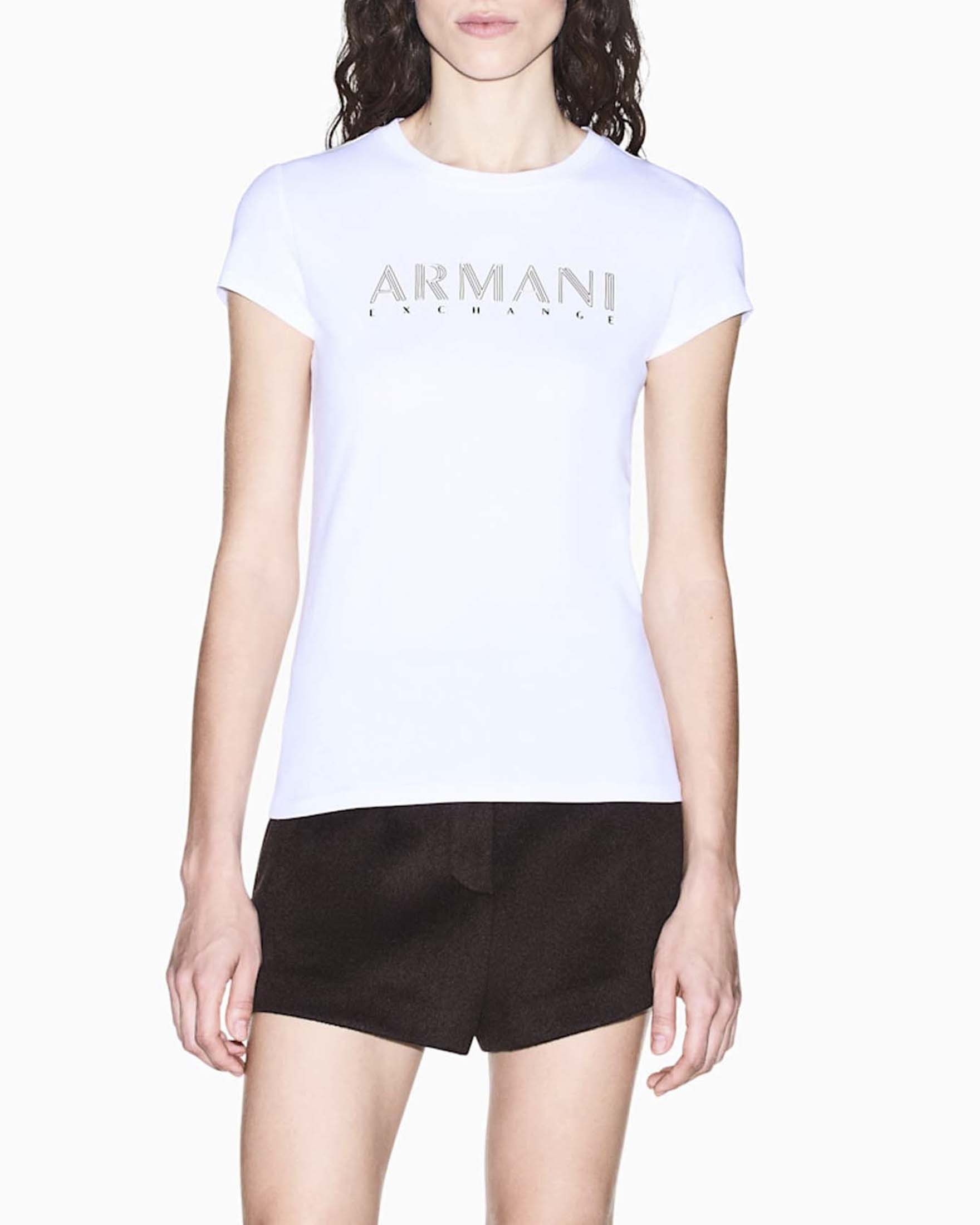 T-shirt slim Armani Exchange bianca in jersey di cotone biologico stretch con lettering metallizzato