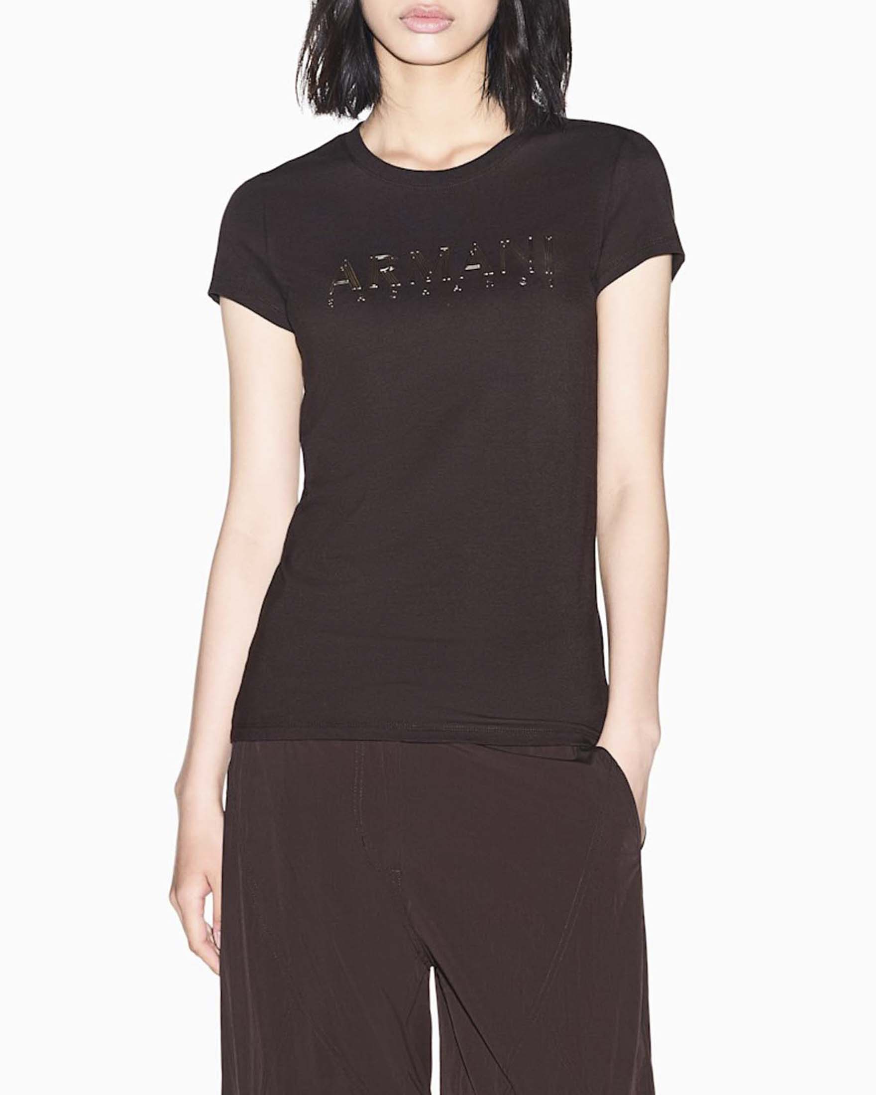 T-shirt slim Armani Exchange marrone in jersey di cotone biologico stretch con lettering metallizzato