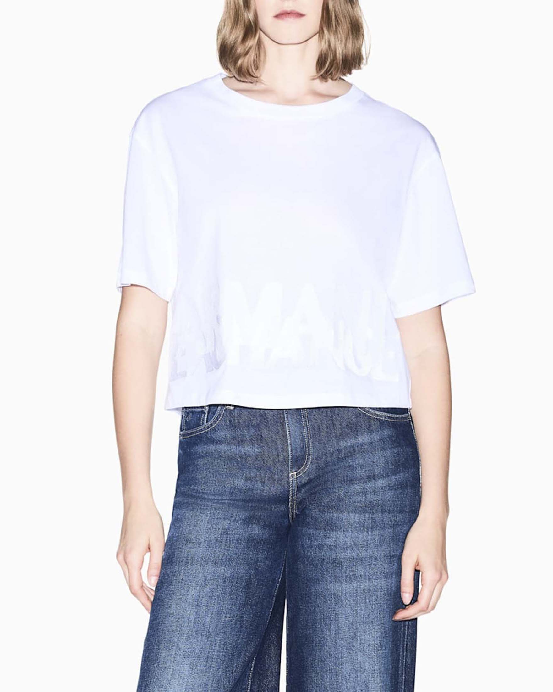 T-shirt cropped regular Armani Exchange bianca in jersey di cotone con scritta logo in paillettes