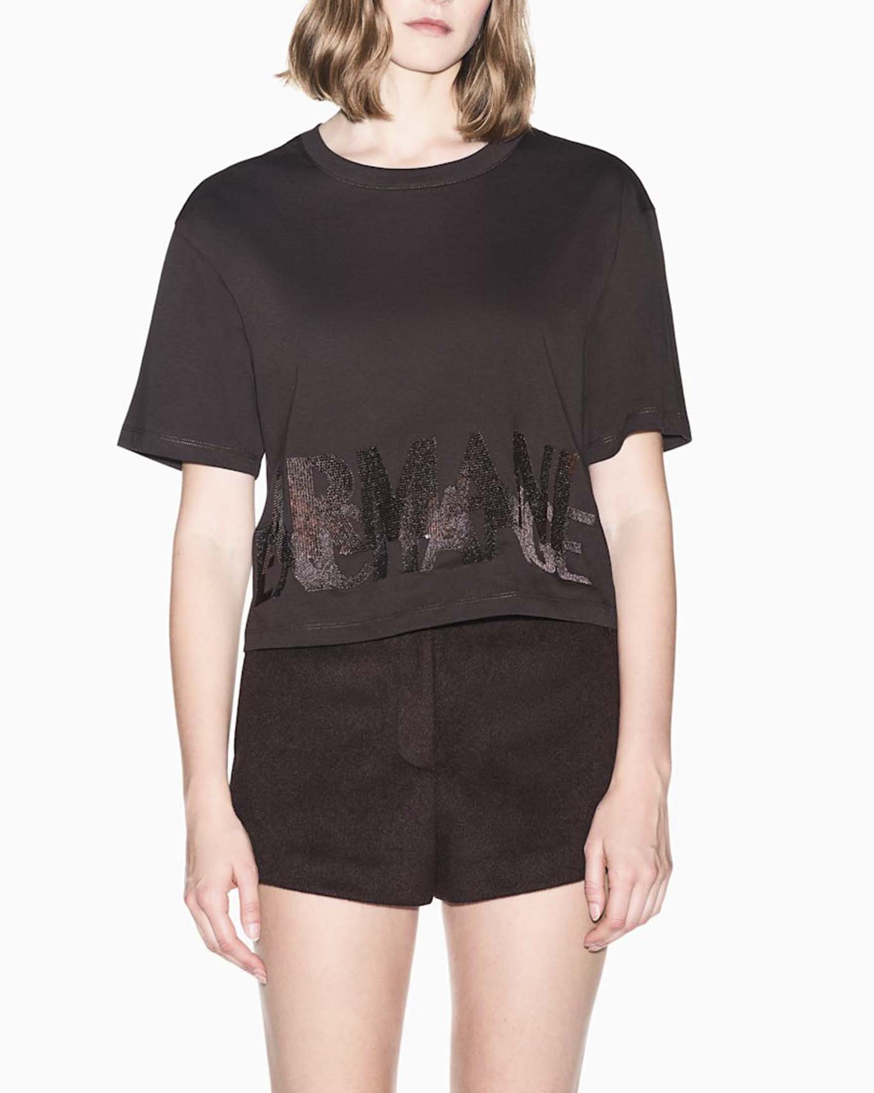 T-shirt cropped regular Armani Exchange marrone in jersey di cotone con scritta logo in paillettes