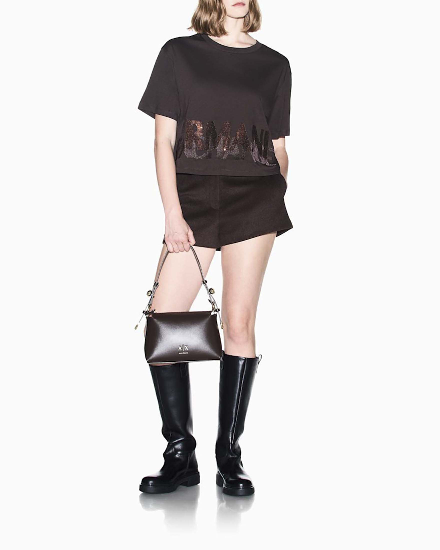 T-shirt cropped regular Armani Exchange marrone in jersey di cotone con scritta logo in paillettes image