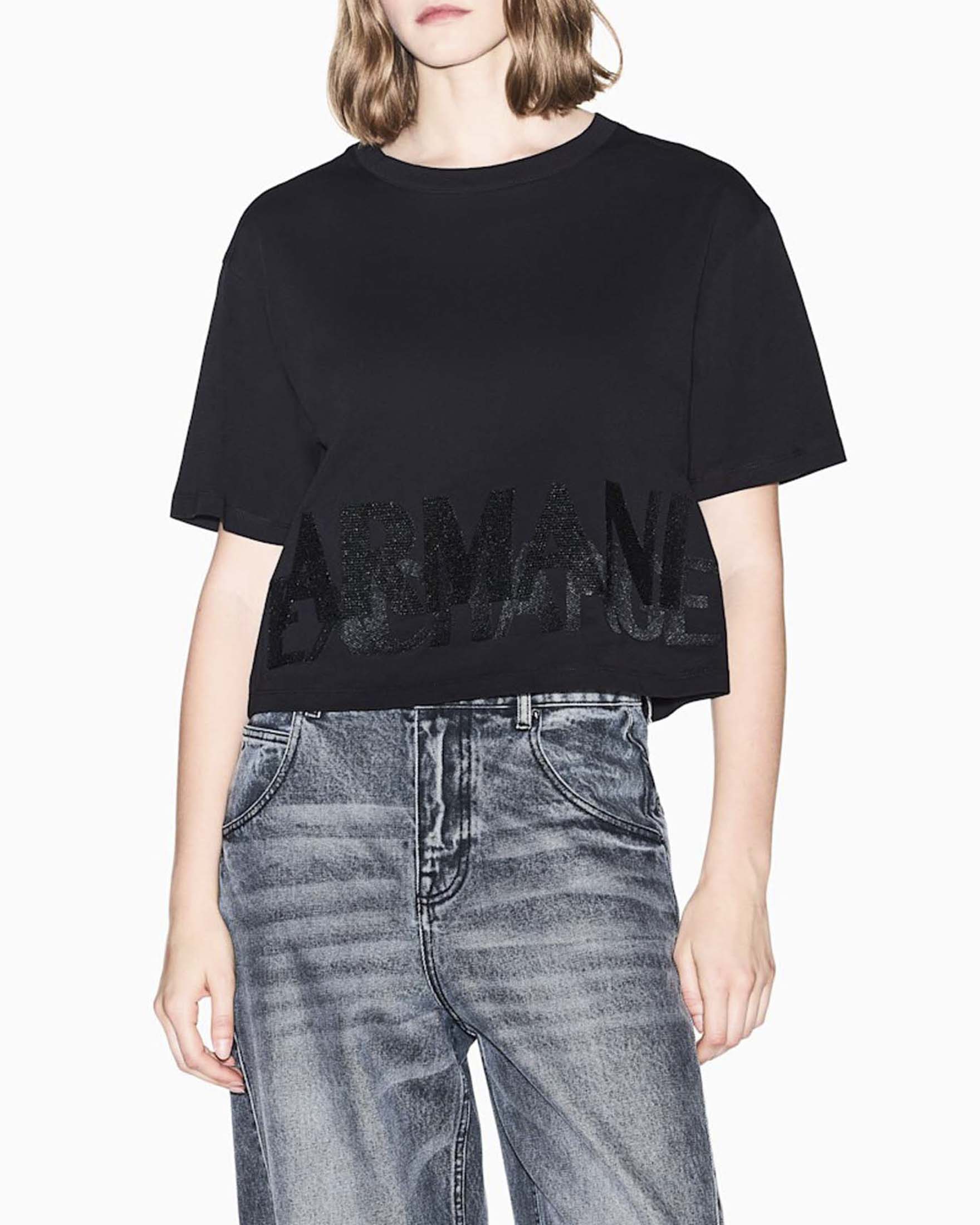 T-shirt cropped regular Armani Exchange nera in jersey di cotone con scritta logo in paillettes