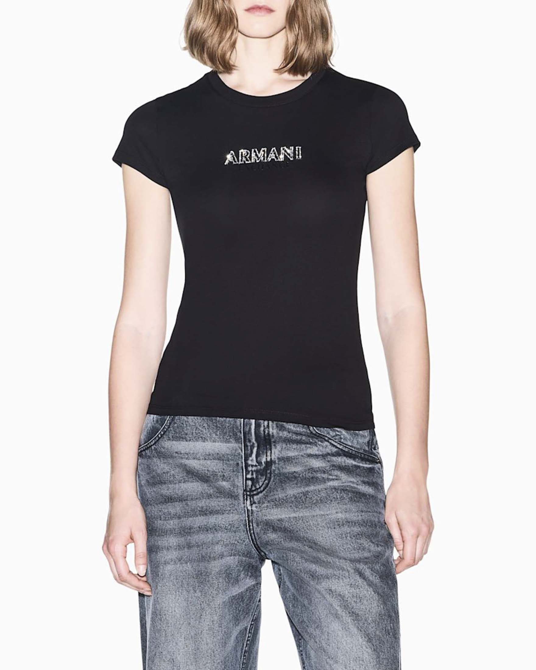 T-shirt slim Armani Exchange nera in jersey di cotone con maxi lettering frontale in strass