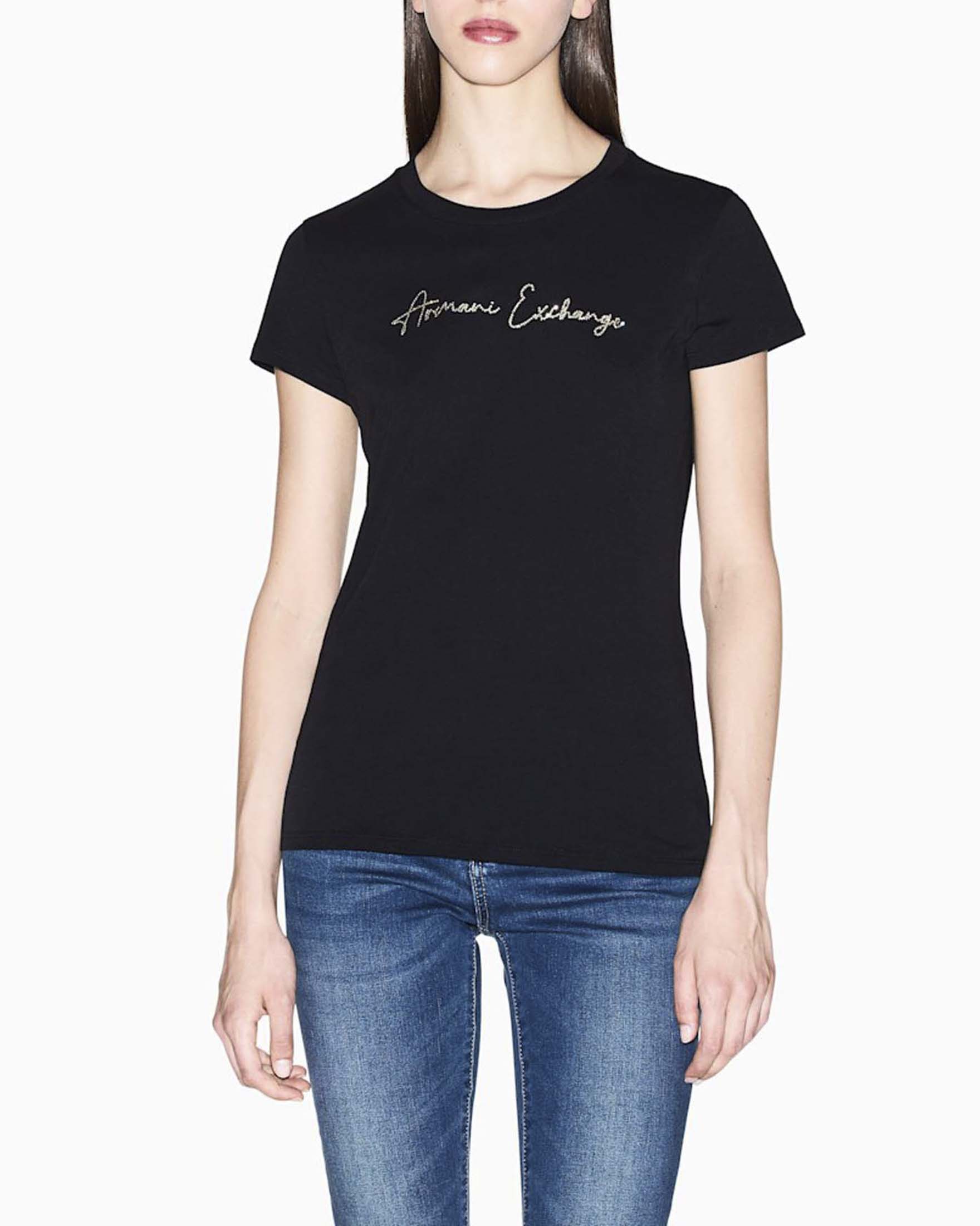 T-shirt slim Armani Exchange nera in jersey di cotone con lettering ricamato e strass
