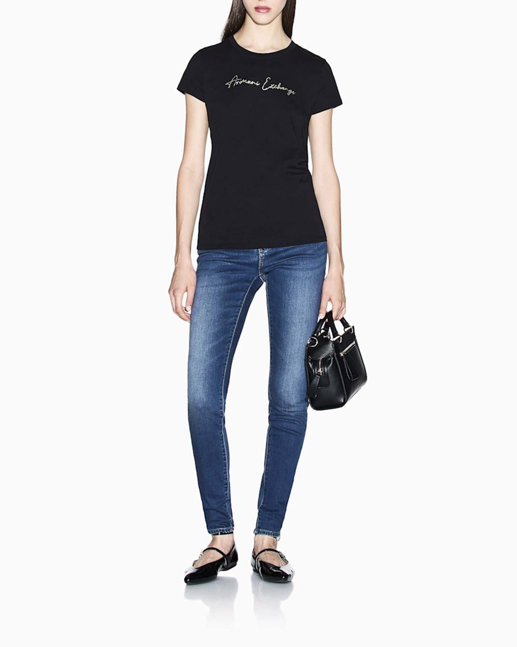 T-shirt slim Armani Exchange nera in jersey di cotone con lettering ricamato e strass image