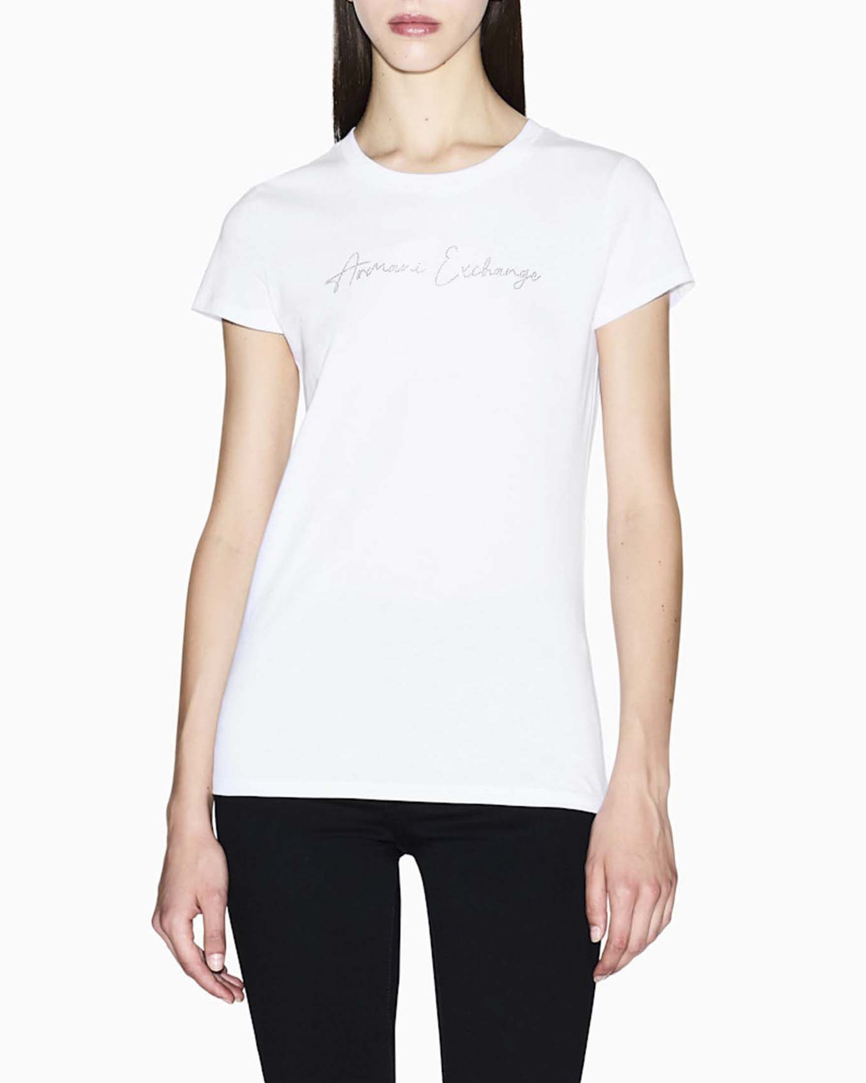 T-shirt slim Armani Exchange bianca in jersey di cotone con lettering ricamato e strass