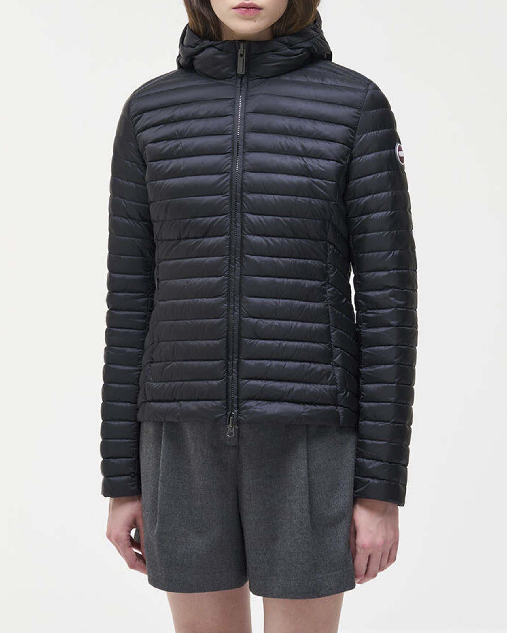 Piumino leggero Colmar Originals nero imbottito in piuma con cappuccio e chiusura zip doppia