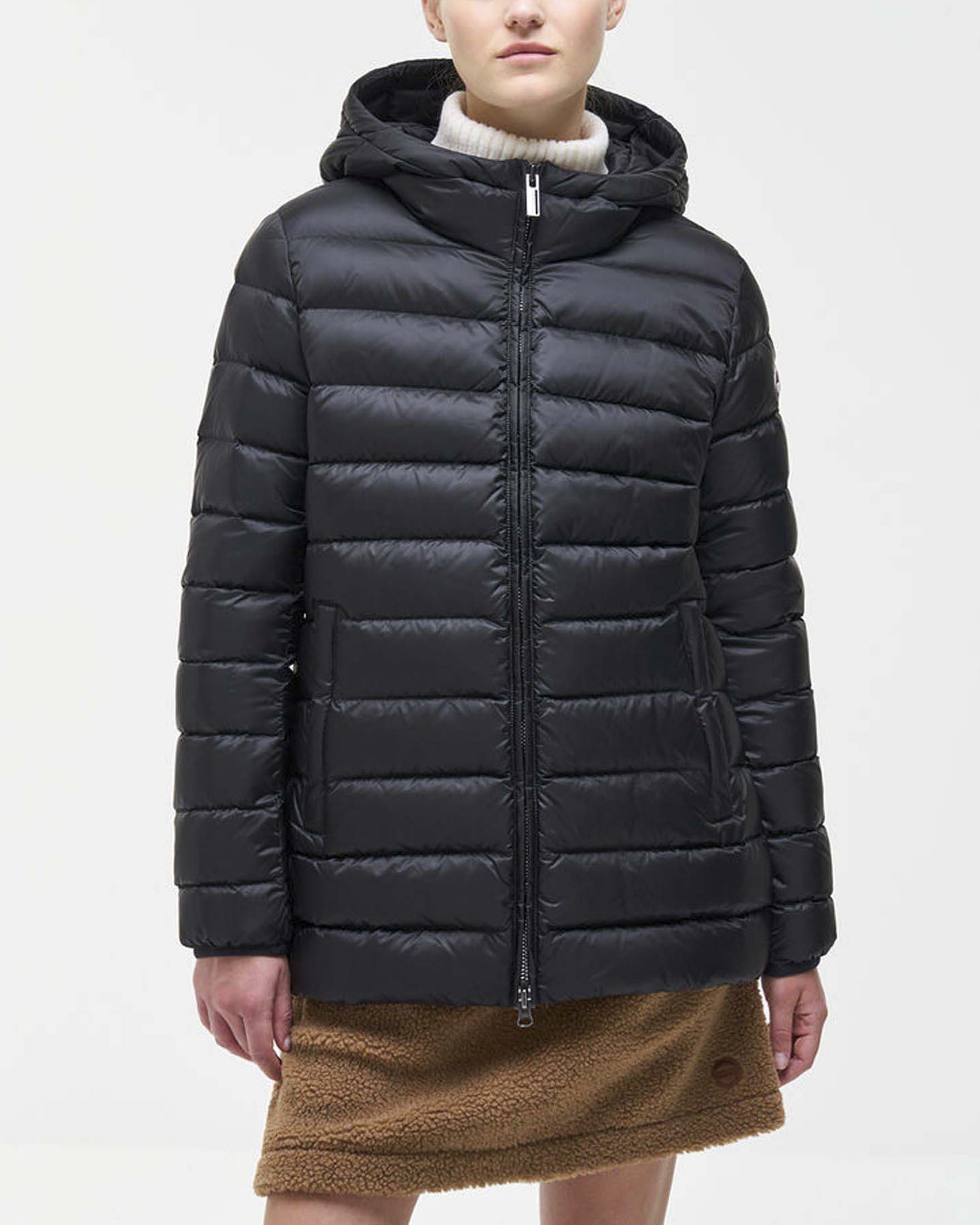 Piumino Colmar Originals nero trapuntato in piuma con cappuccio fisso e coulisse regolabile