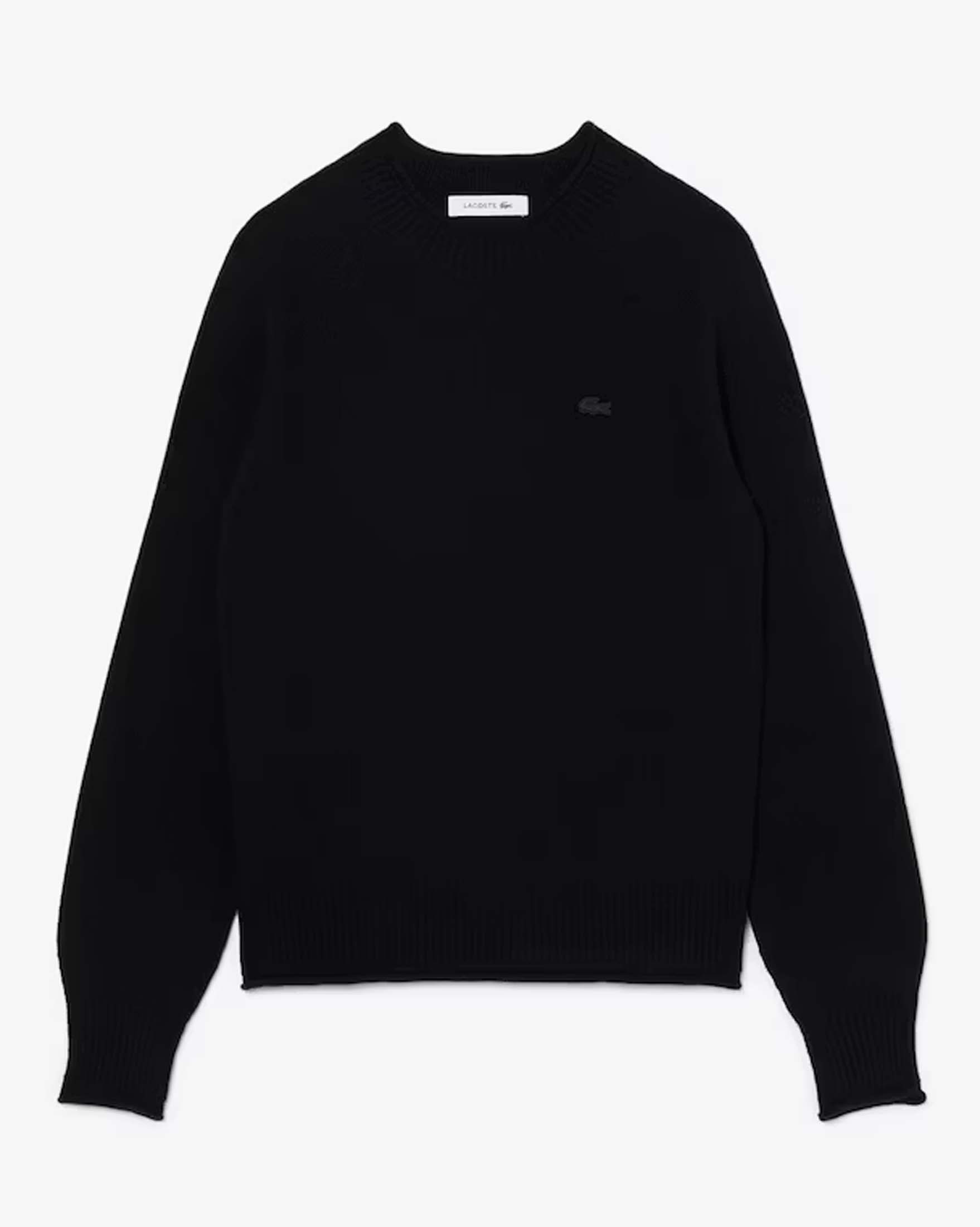 Maglione girocollo Lacoste nero in pura lana cardata con coccodrillo ricamato a contrasto