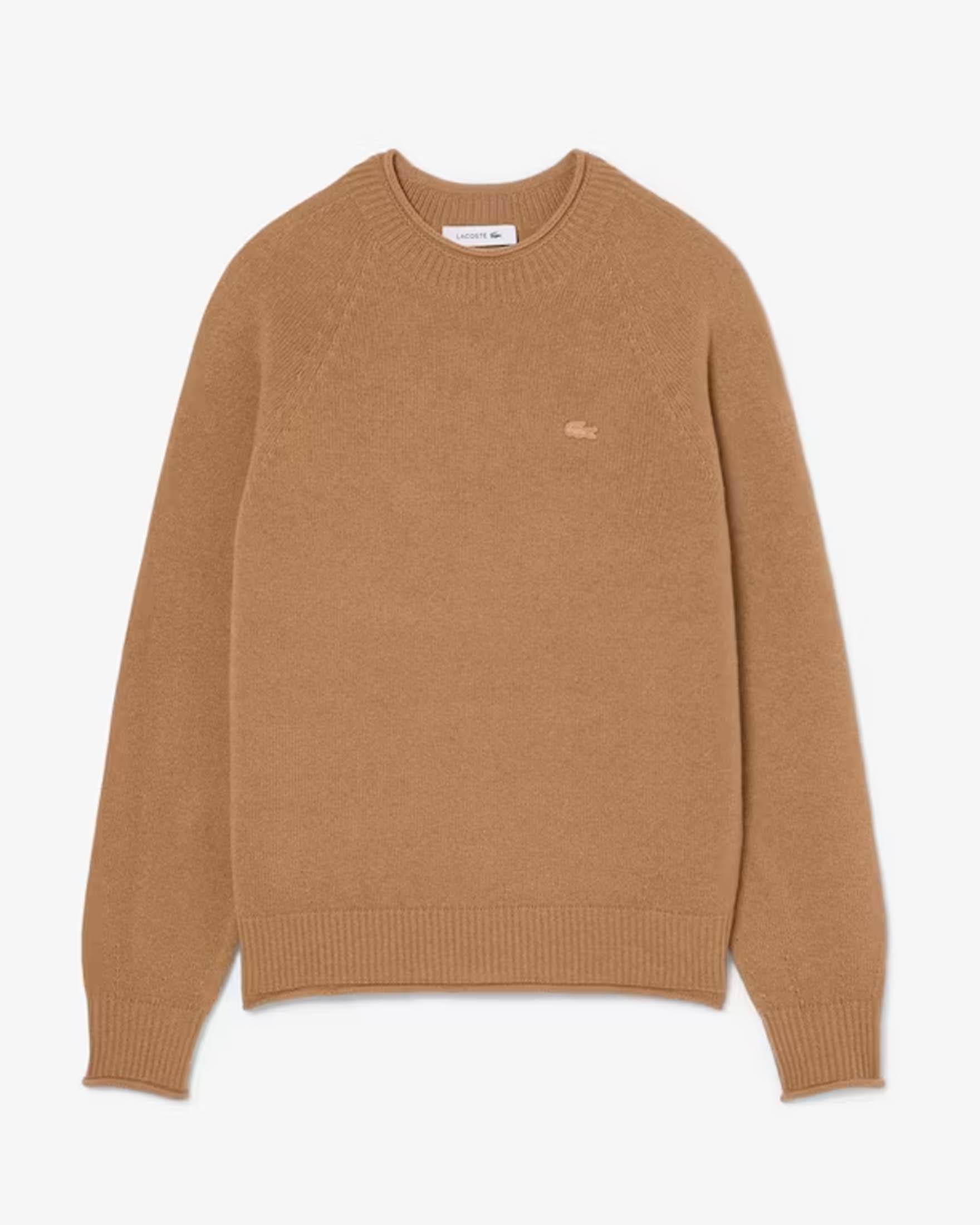 Maglione girocollo Lacoste cammello in pura lana cardata con coccodrillo ricamato a contrasto