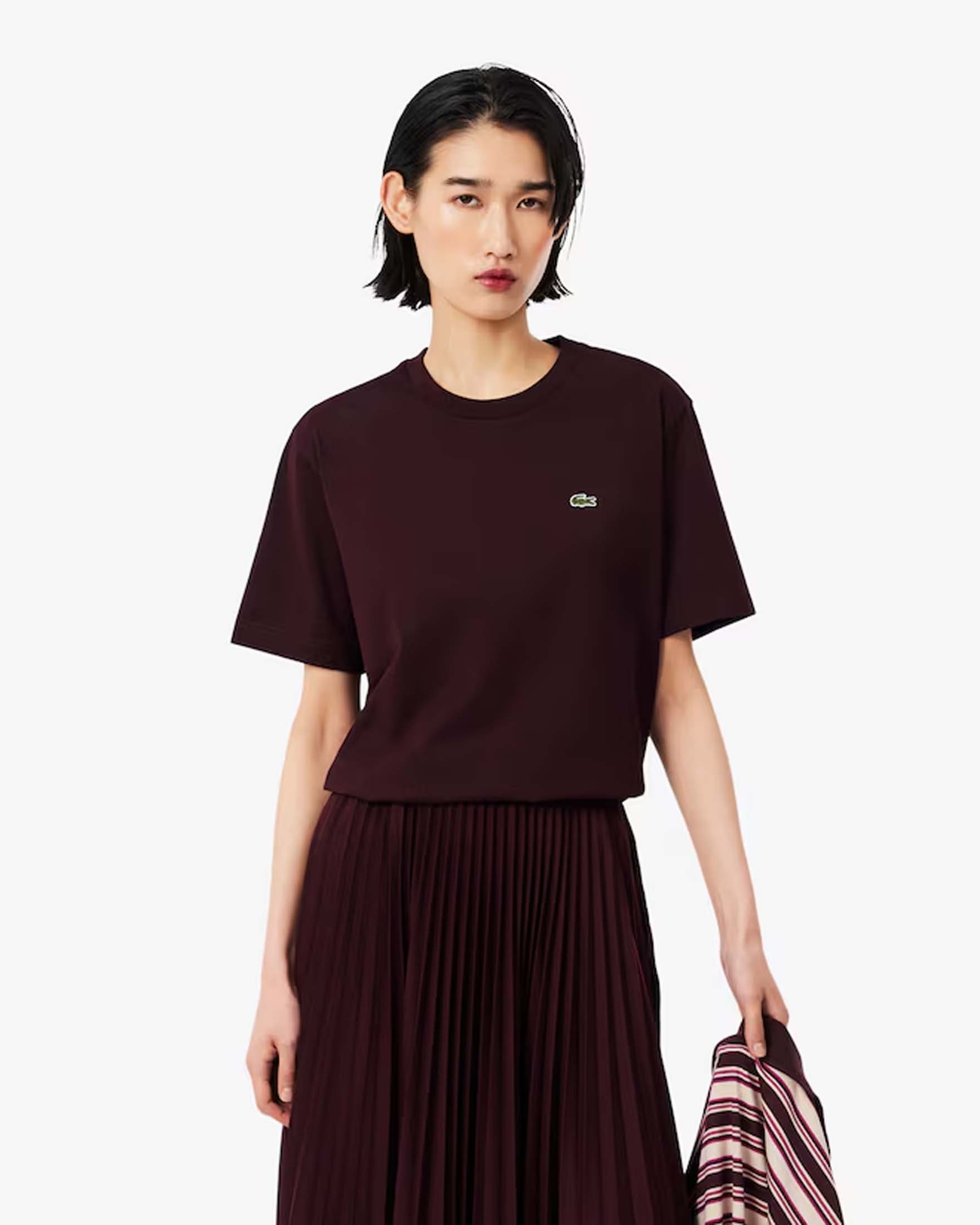T-shirt over maniche corte Lacoste bordeaux in cotone pima con coccodrillo ricamato a contrasto
