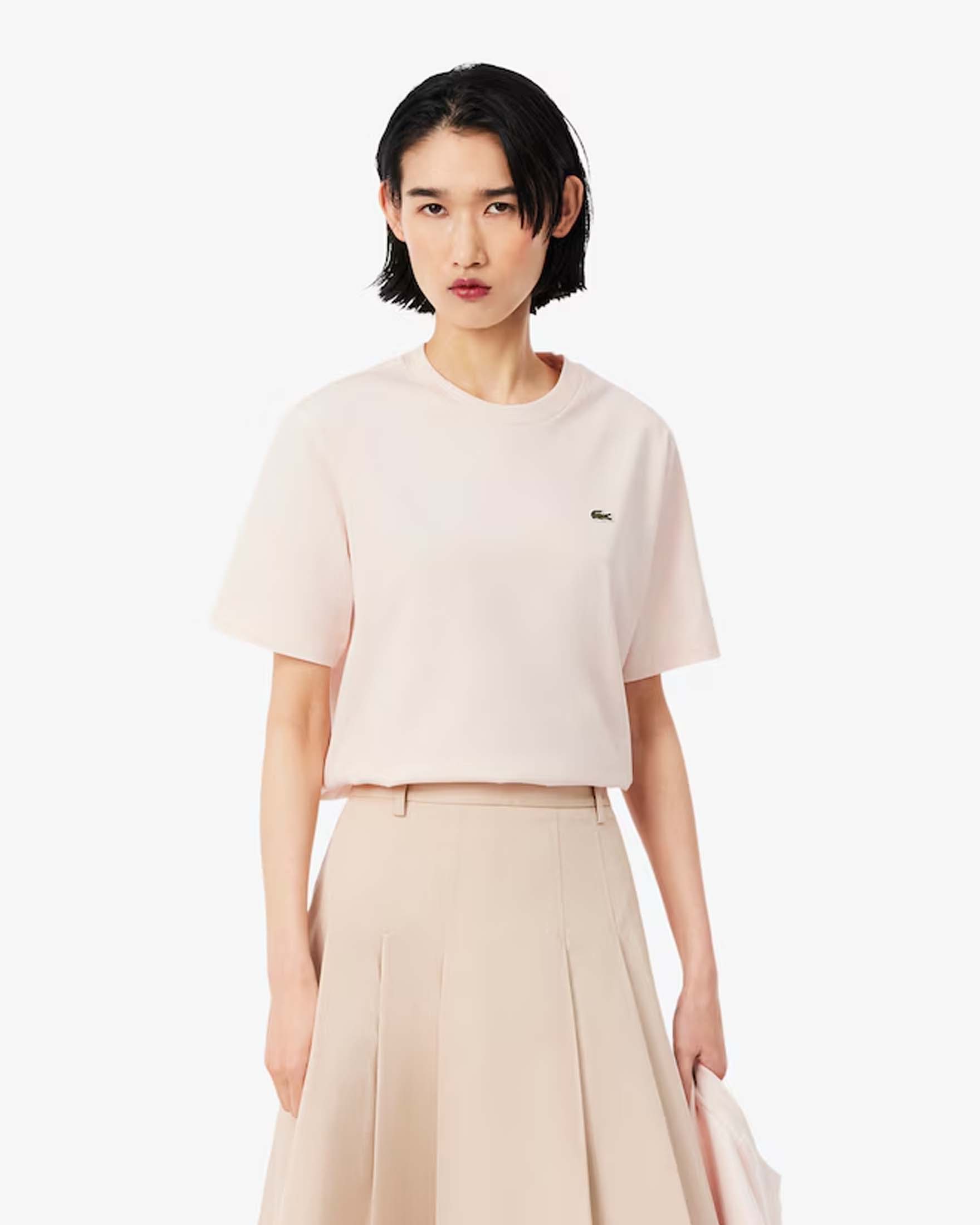 T-shirt over maniche corte Lacoste rosa in cotone pima con coccodrillo ricamato a contrasto
