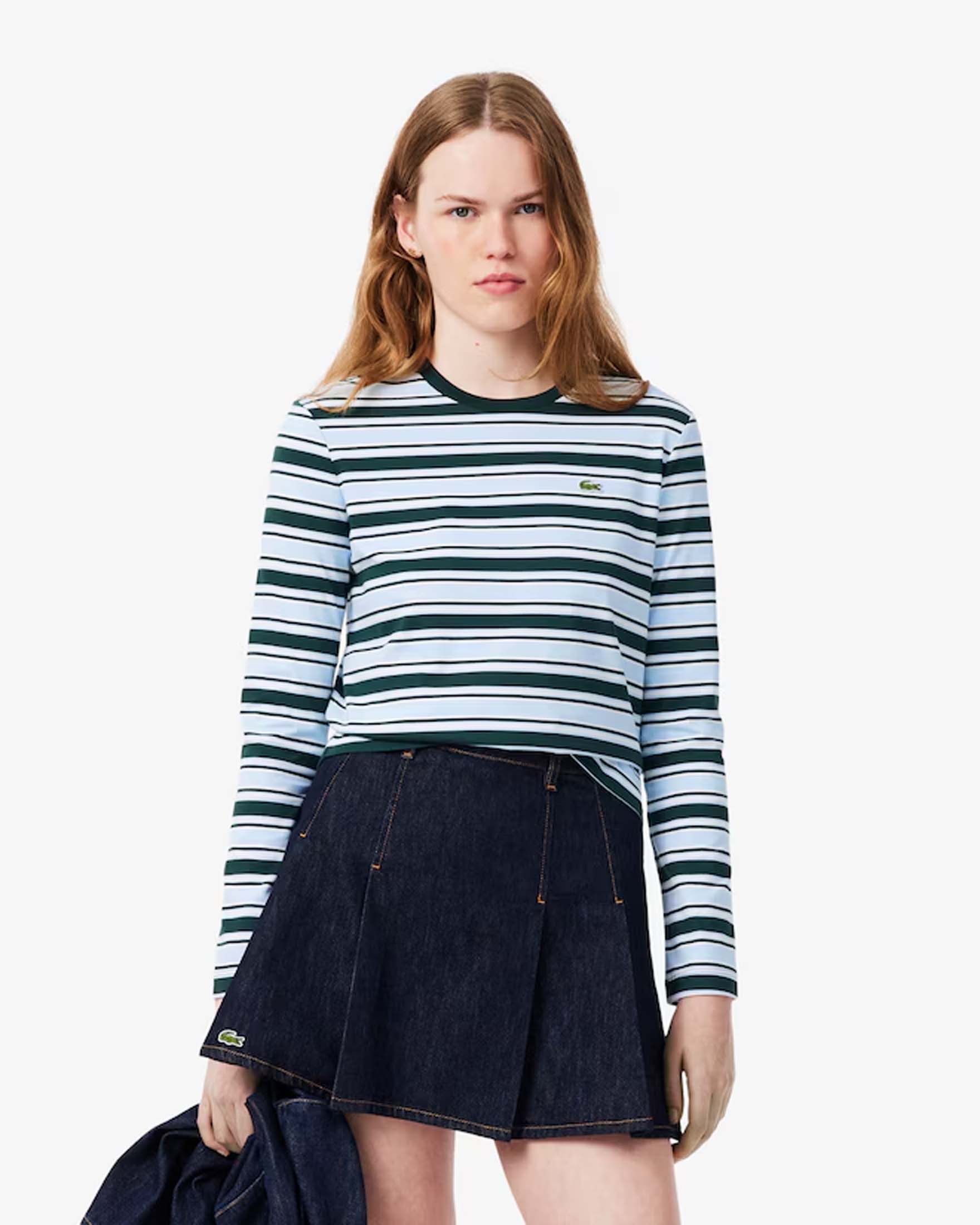 T-shirt maniche lunghe Lacoste azzurra a righe verdi in jersey di cotone organico