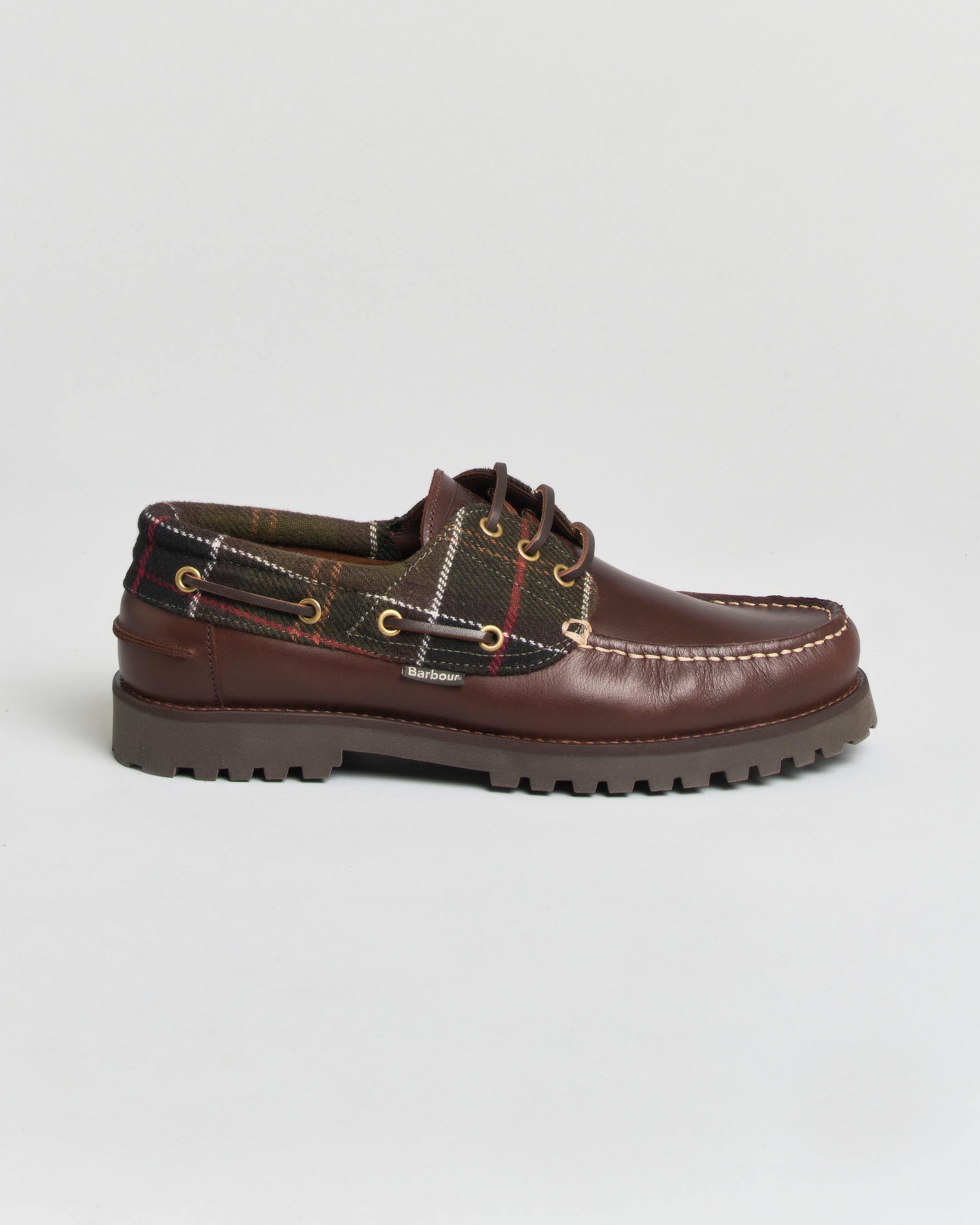 Scarpe da barca Re-Engineered Deck marroni in pelle con inserto in cotone cerato tartan check