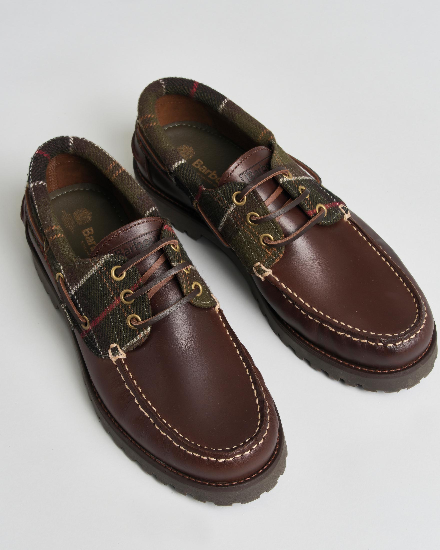 Scarpe da barca Re-Engineered Deck marroni in pelle con inserto in cotone cerato tartan check image