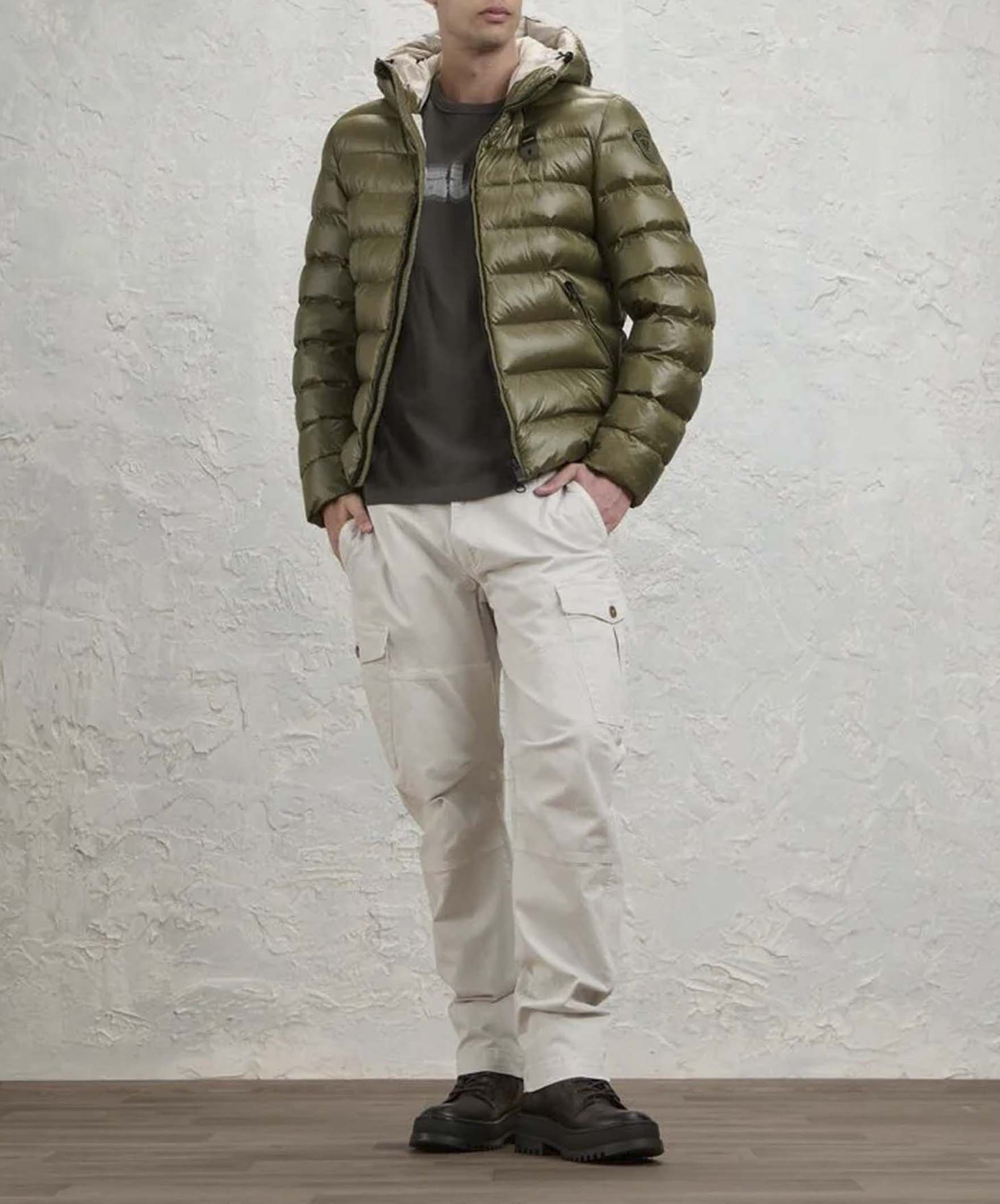 Piumino Adams Blauer verde militare imbottito in ovatta termica con cappuccio