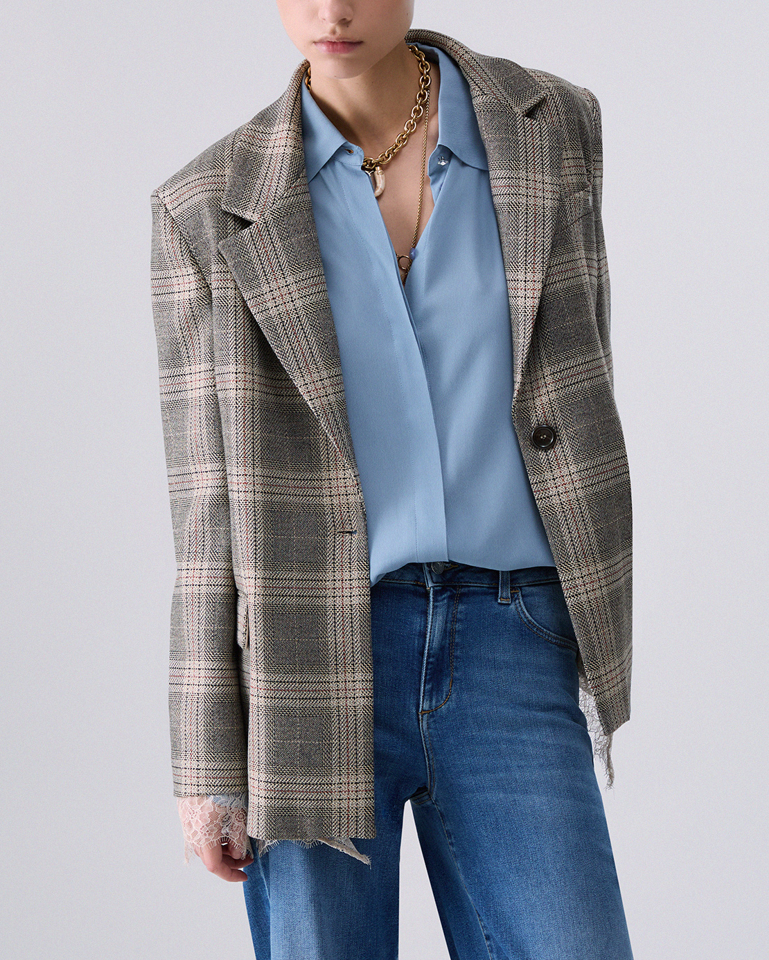 Blazer monopetto Liu Jo a fantasia check grigio e beige con dettagli in pizzo avorio