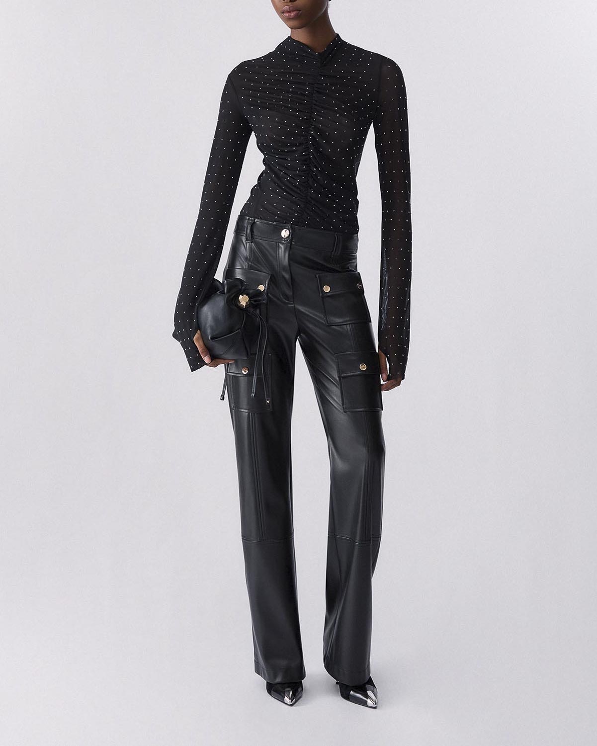 T-shirt collo alto Liu Jo nera in tulle con strass all-over e arricciatura frontale
