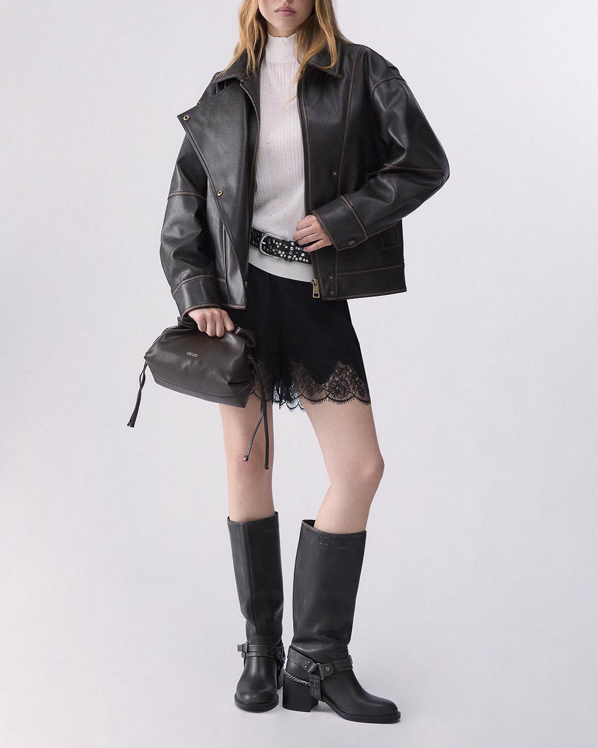 Bomber oversize Liu Jo color moro in similpelle con chiusura asimmetrica