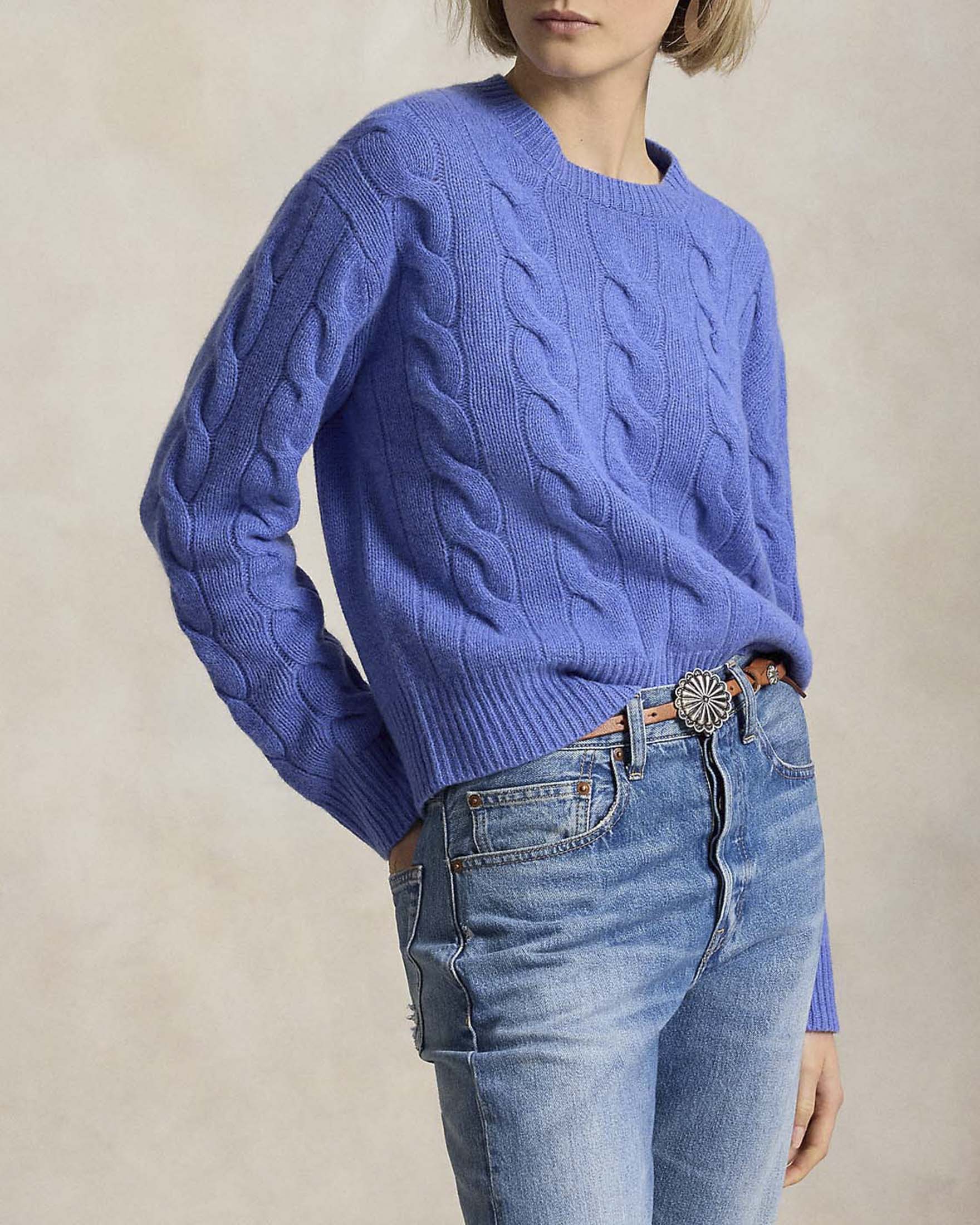 Maglione girocollo Polo Ralph Lauren blu in lana e cashmere con maxi trecce e logo Pony ricamato